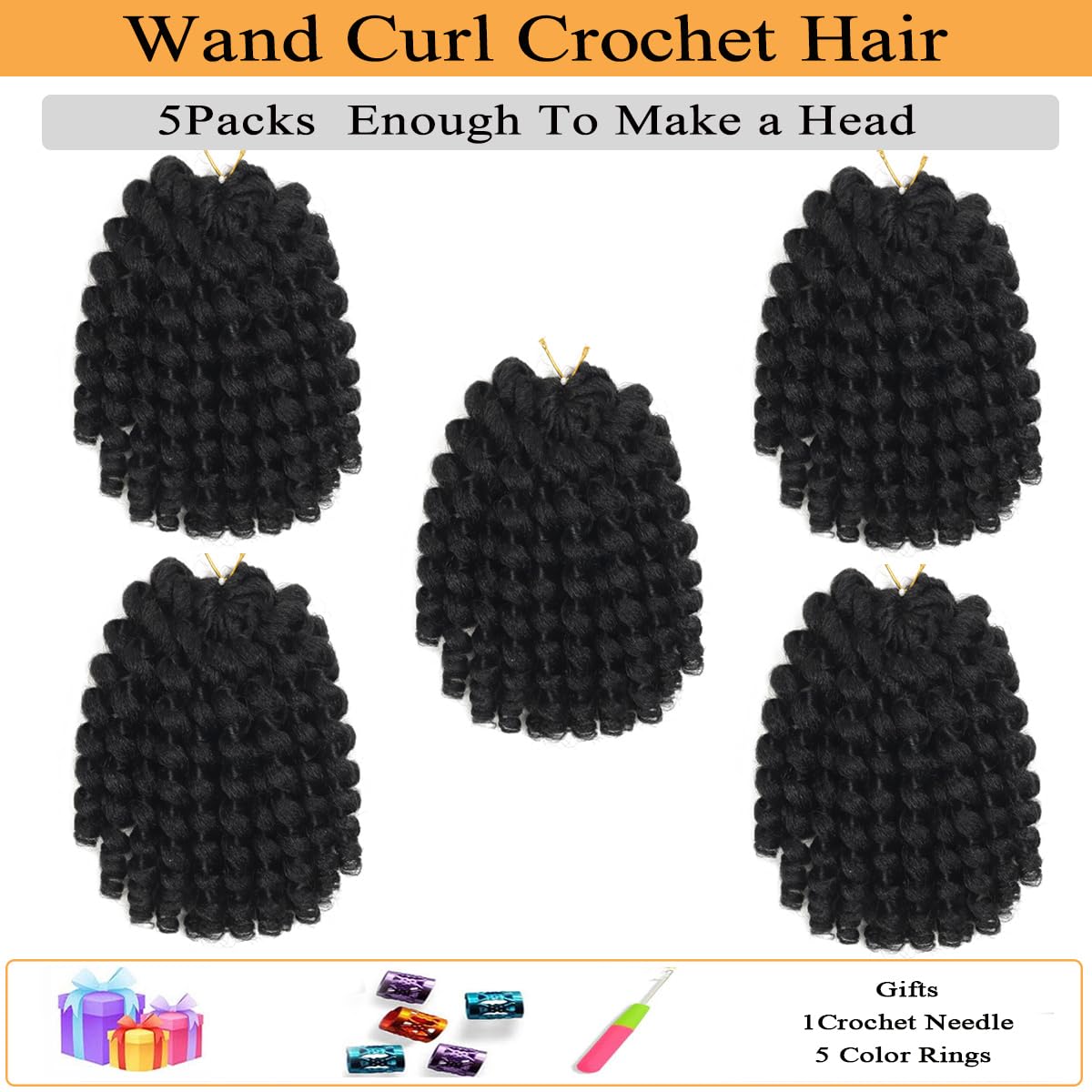 Wand Curl Crochet Hair 12 Inch 5PCS Jamaican Bounce Crochet Hair for Black Women Natural Black Jumpy Wand Curls Crochet Hair Short Curly Crochet Hair Extensions-1B