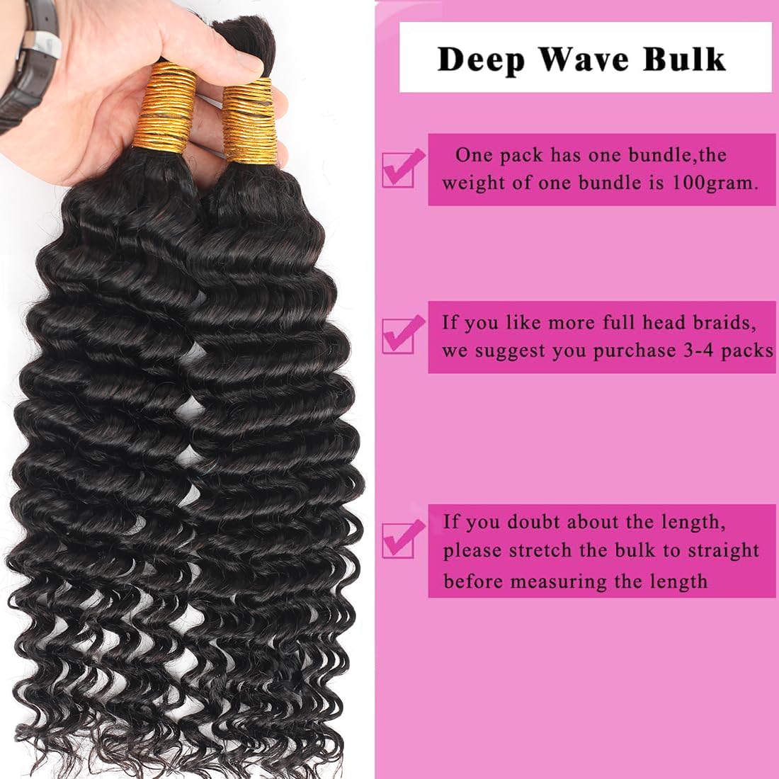 Human Braiding Hair for Boho Braids 12A 24" Deep Water Wave Bulk Human Hair Extensions for Braiding No Weft Brazilian Virgin Curly Loose Deep Wave Bulk Wet and Wavy 1 Bundle 100g Natural Black