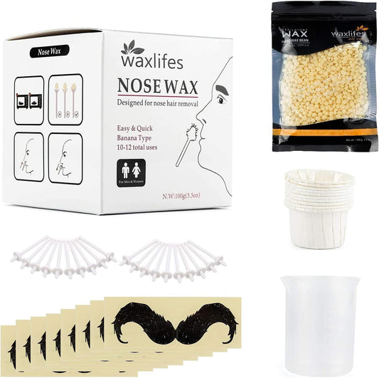 Nose Wax Kit Nose Hair Removal Waxing, 100g Wax, 20 Applicators, 8 Mustache Stickers, 10 Little Cups for Removing Nose Eyebrow Hair, Safe Quick