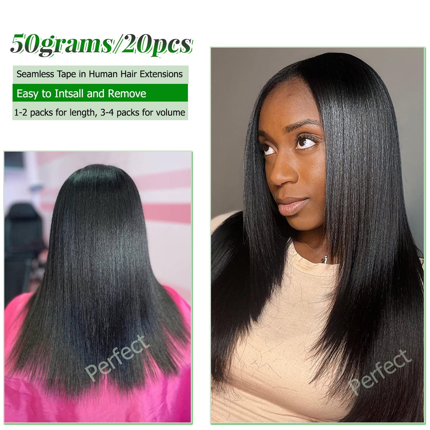 Tape in Hair Extensions Yaki Straight Invisible Black Tape in Hair Extensions Human Hair for Black Women 24 Inch Long Straight Natural Color Real Human Hair Light Yaki Tape in Extensions