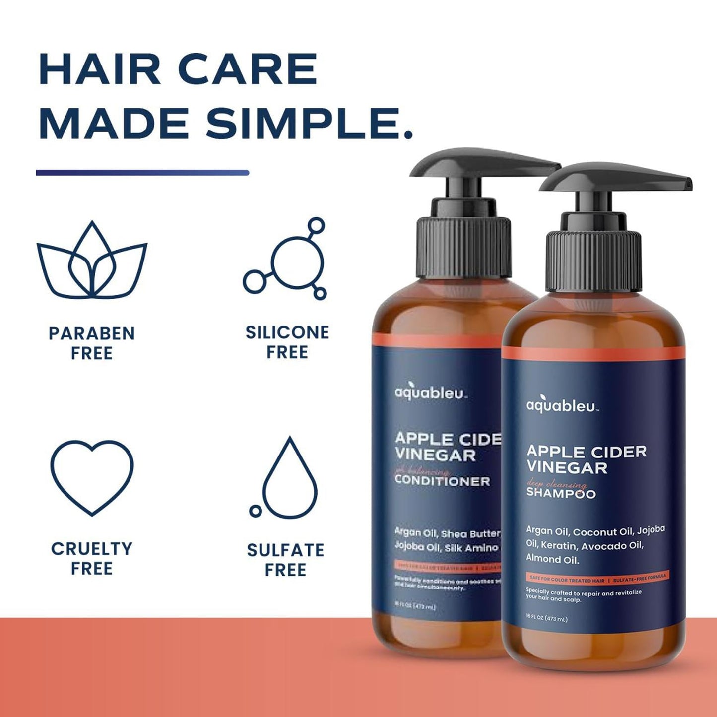 Apple Cider Vinegar Shampoo and Conditioner Set - Clarifying and Restorative For Scalp While Deeply Nourishing Ends - Sulfate Free - Safe For Color Treated Hair - 16oz