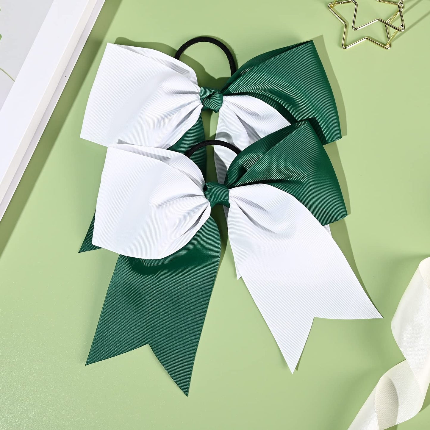 12 PCS 8" Large Cheer Bows White Green Girl Hair Bows Cheerleading Softball Bow Hair Ties Hair Accessories for cheerleaders football Competition Sports