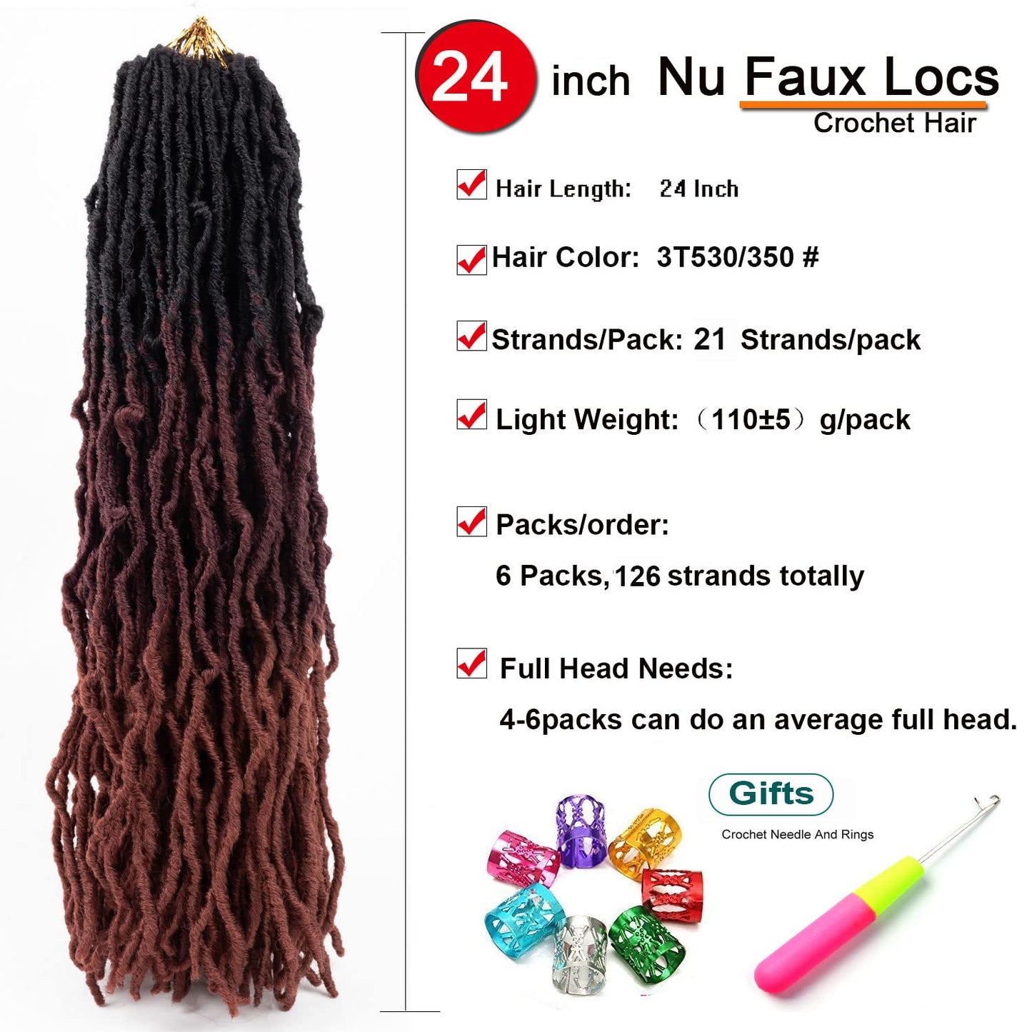 Faux Locs Crochet Hair Soft Locs Hair Long 24 Inch 6 Packs Ombre Goddess Locs Crochet Braids Black/Burgundy/Orange Pre Looped Dreads Braiding Hair(24",6packs,T1B/530/350#)