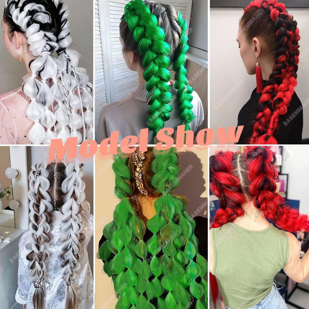 BASEMMAHER Jumbo Braiding Hair Extensions for Women 24 Inch Colored Braid Hair Synthetic Red Green White Braiding Hair Pre Stretched High Temperature Fiber Braids Extensions for Girls braiding