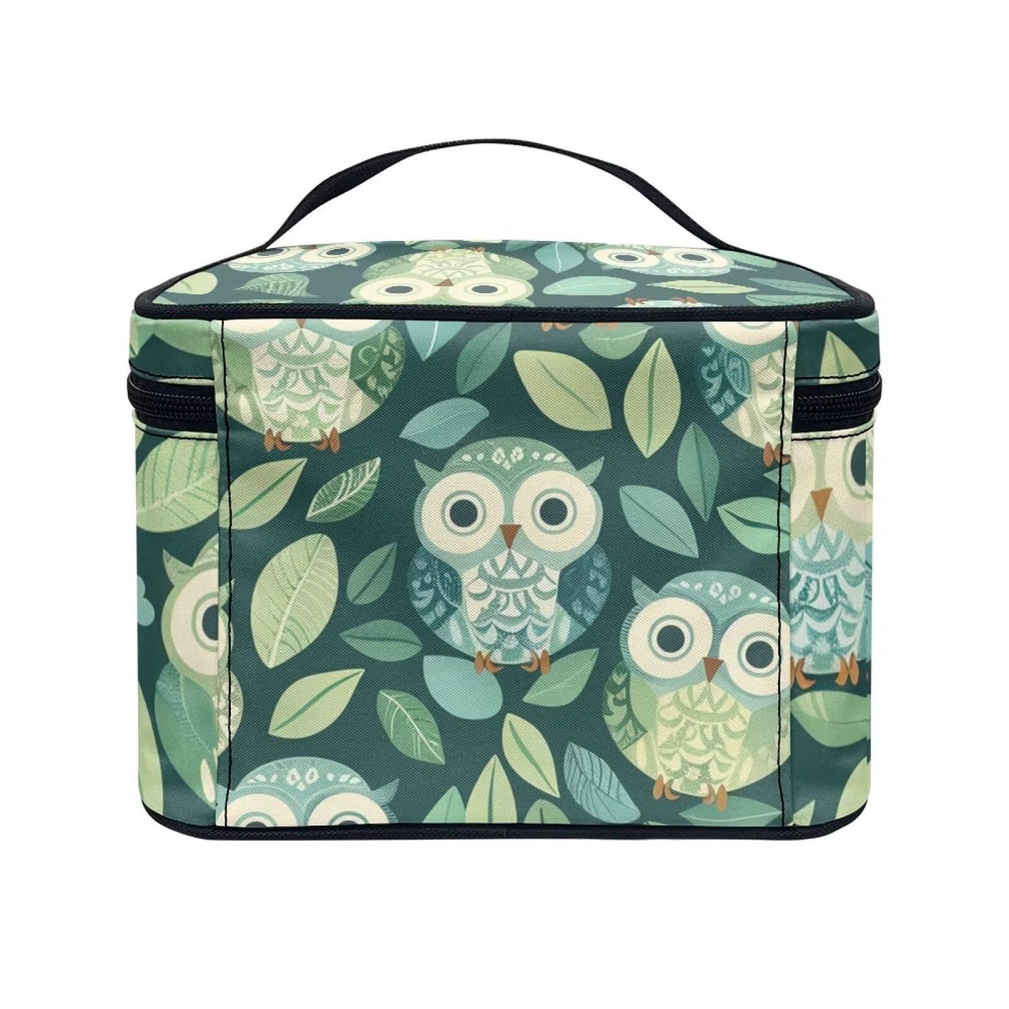 Horeset Green Leaf Owl Print Cosmetic Bag for Women, Portable Soft Makeup Bag Zipper Toiletry Bag Accessories Organizer for Summer Travel