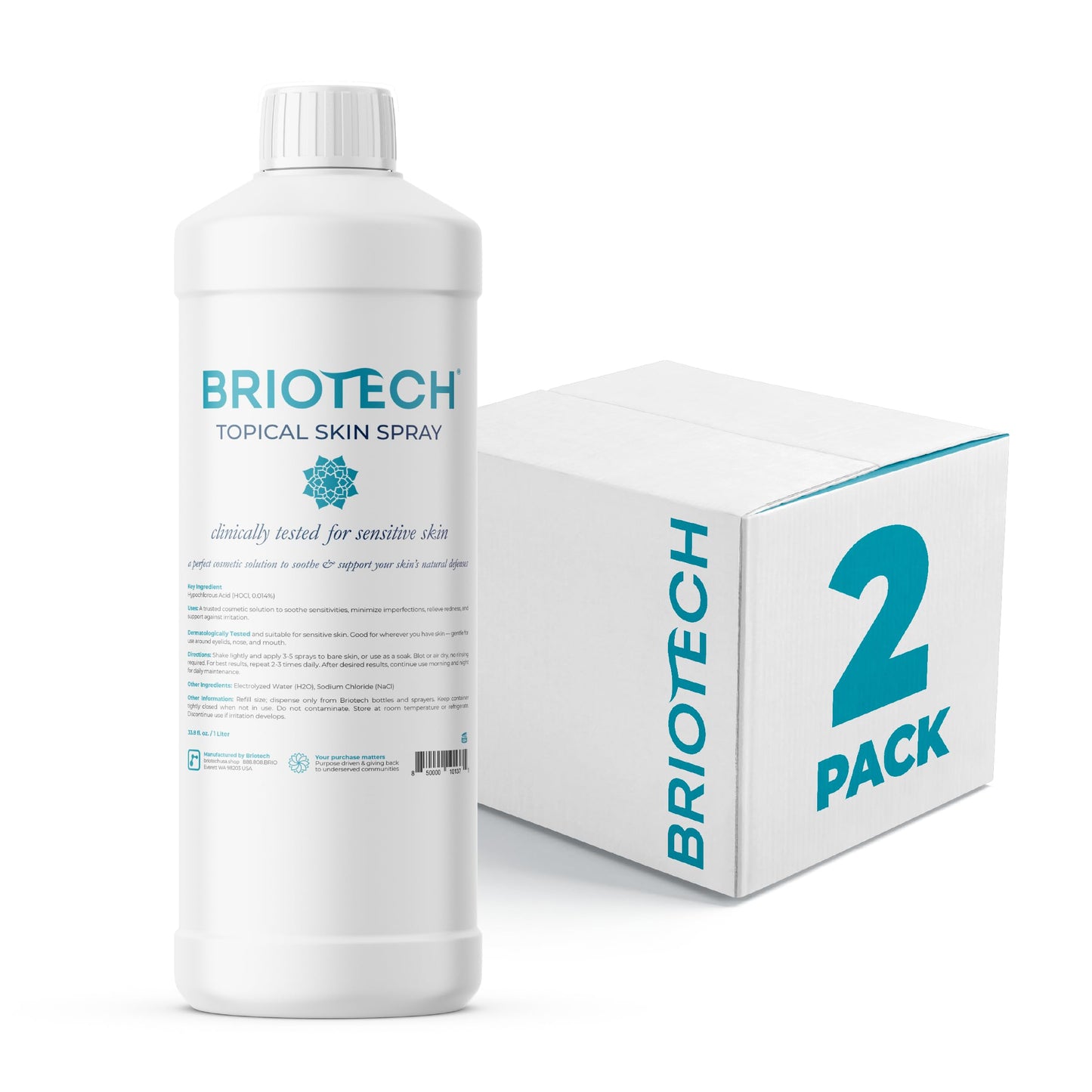 BRIOTECH Topical Skin Spray, Hypochlorous Acid Spray for Body & Face, Eyelid Cleanser, HOCl Facial Mist, Support Against Irritation, Calm Redness, Soothe Foot & Scalp, 1 Liter Refill ea, 2 ct