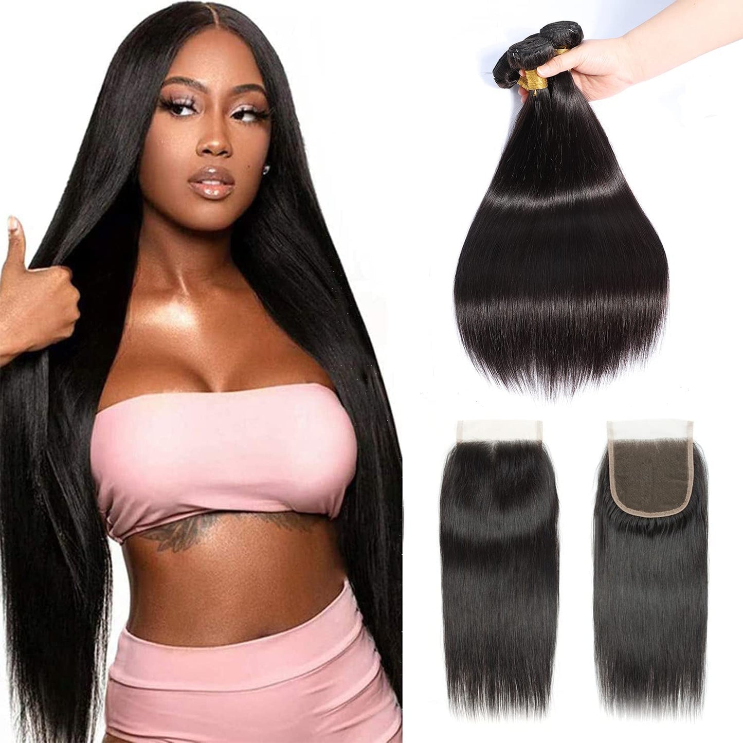 Selina Straight Bundles With Closure,3 Bundles And Closure Human Hair Straight,Free Part Closure,Unprocessed Human Hair Bundles With Lace Closure(10“12“14“ with 8" Closure, Straight 3+1)