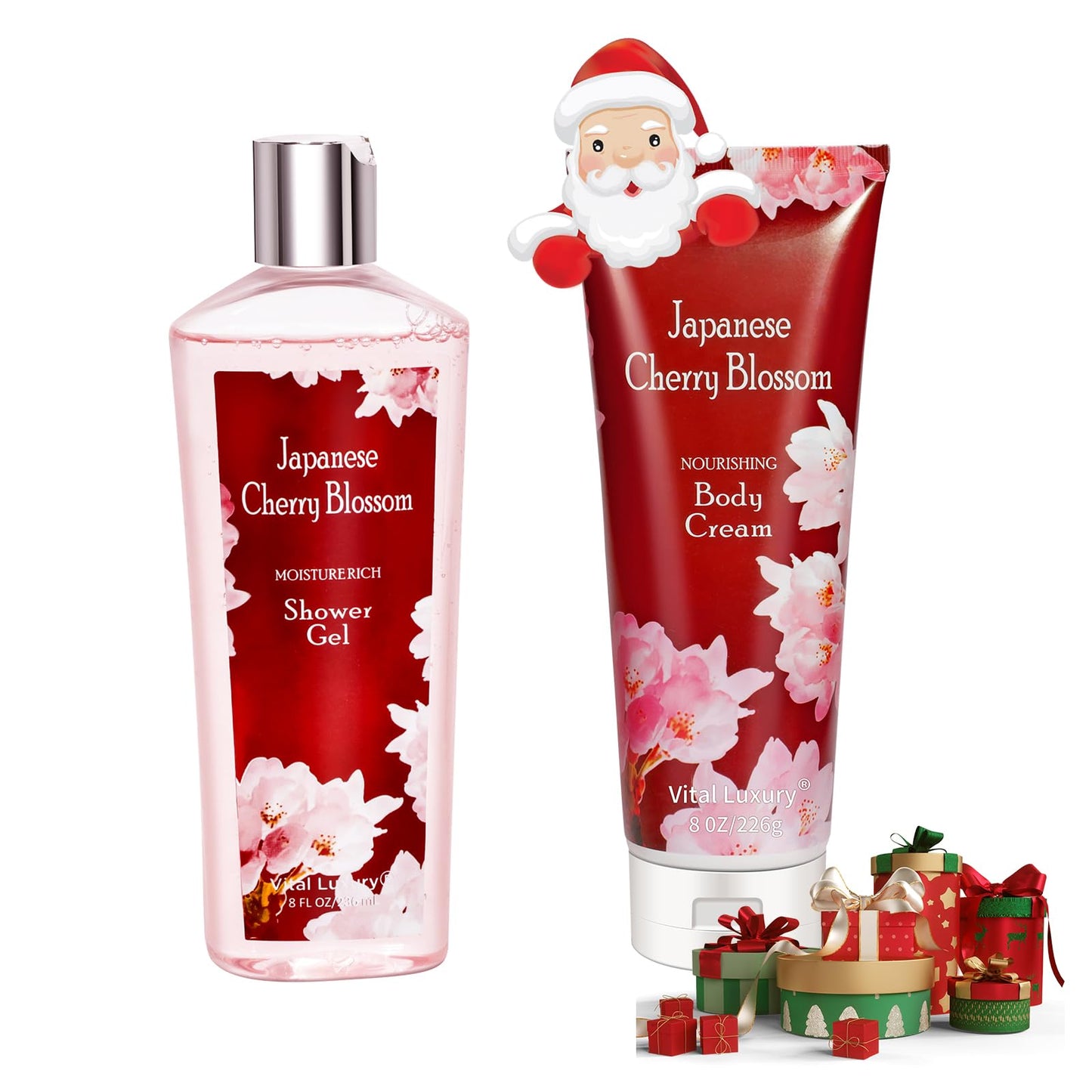 Vital Luxury Japanese Cherry Blossom Shower Gel and Body Cream Set - Nourishing and Moisturizing Daily Skincare - 8 fl.oz/236mL each, Christmas Gifts for Her and Him (Japanese Cherry Blossom)