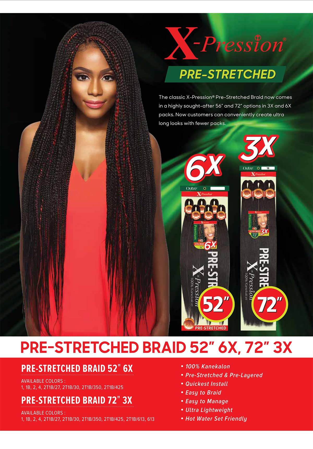 Outre Braids X-Pression Kanekalon 3X Pre Stretched Ultra Braid 72" (1-pack, 2T1B/27)