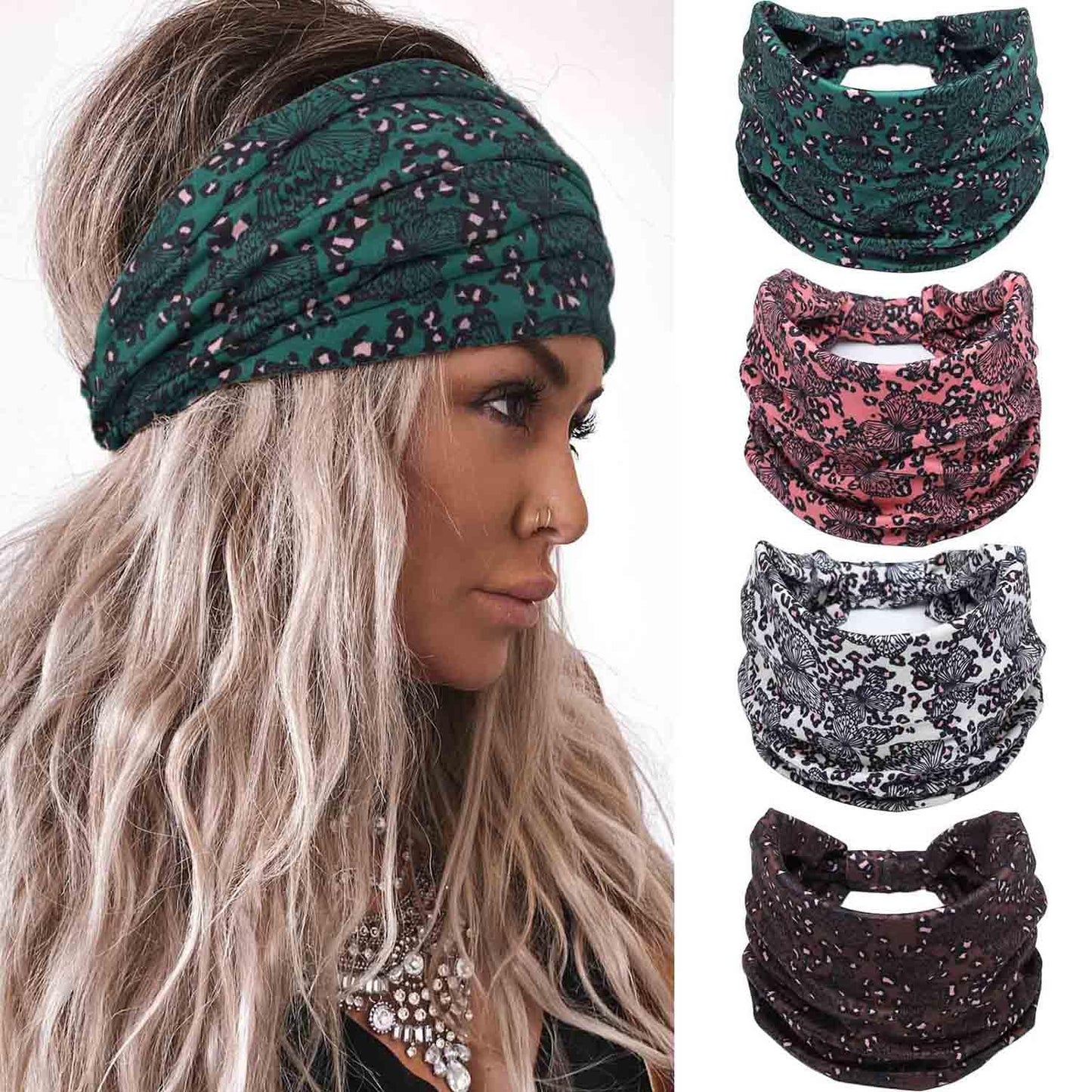 Acenail Wide Headbands Women Nonslip Knotted Turban Headband Elastic Boho Hairbands Workout Head Wraps Yoga Running Head Scarfs Fashion Hair Accessories for Women 4Pcs(#10 Buttefly)