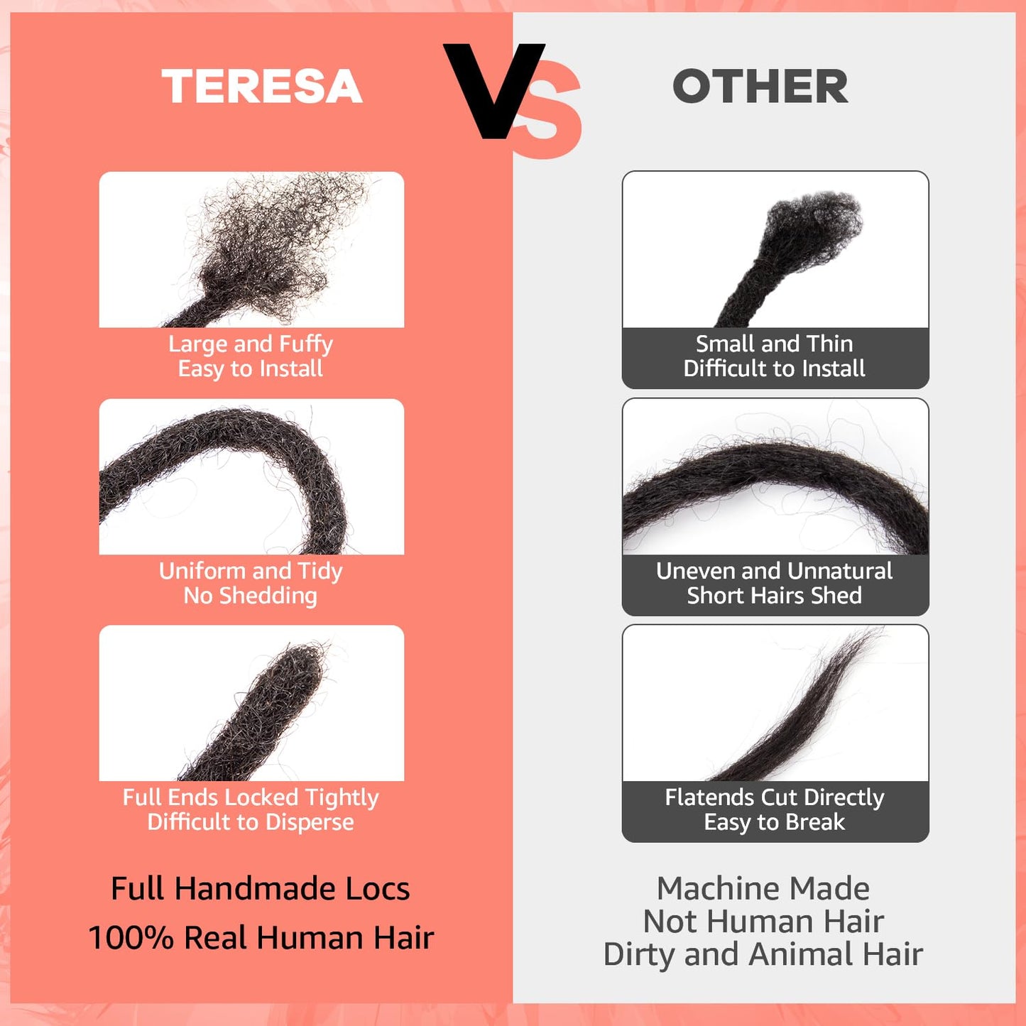 Teresa 14 Inch 0.2cm Width Loc Extension Human Hair Natural Black 40 Strands Full Hand-made Permanent Locs Extensions Can Be Dyed and Bleached for Men/Women/Kids Real Dreadlock Extensions Human Hair