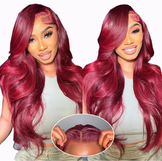 Jewhaut Wear and Go Glueless Wigs Human Hair Pre Plucked Pre Cut for Beginners 99j Burgundy Lace Front Wigs Human Hair Upgraded No Glue 5x5 HD Body Wave Lace Closure Wigs Human Hair for Women 24 Inch