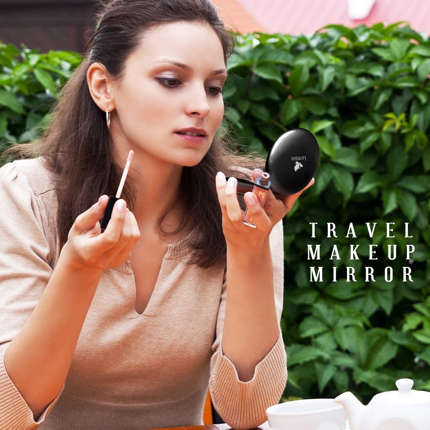 LED Lighted Travel Makeup Mirror Foldable, Dual Sided Vanity Mirror with Lights Portable Compact Illuminated Folding Tabletop Cosmetic Mirror, 1x/5x Magnifying Handheld Pocket Mirrors