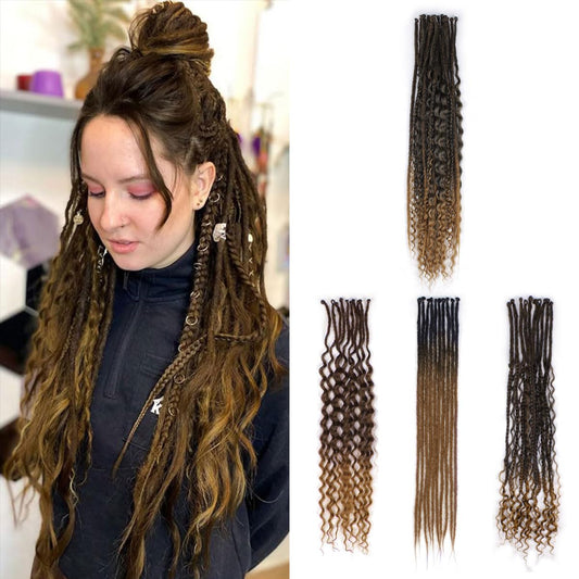 Sangtok 24in Single Ended 3 in 1 Dreadlock Extensions, 30pcs Ombre Brown Mixed Dreads Extensions Set SE Dreads with Curly Dreadlocks for White Women