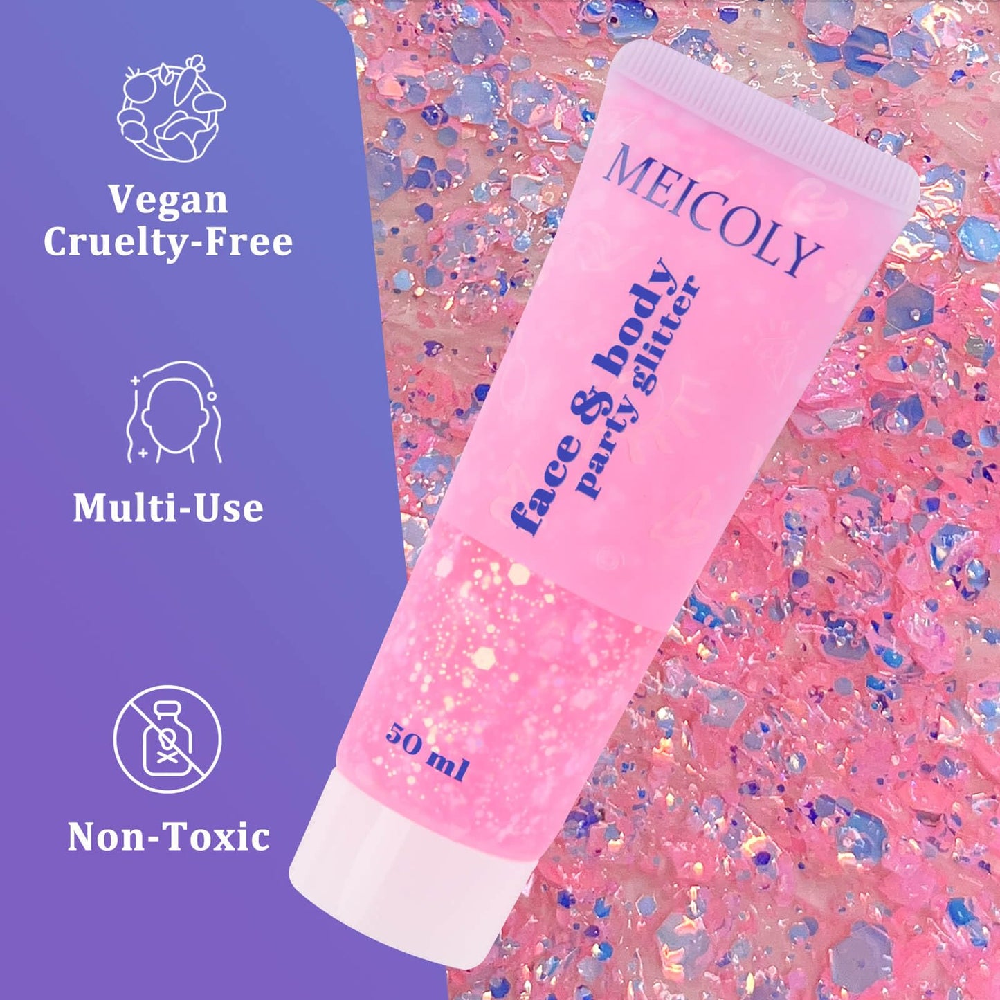 MEICOLY Chameleon Baby Pink Body Glitter,Pink Turn to Purple Face Glitter Paint,Color Changing Mermaid Face Glitter Gel,Chunky Glitter Sequin for Face Body Hair,Festival Party Glitter Makeup,50ml