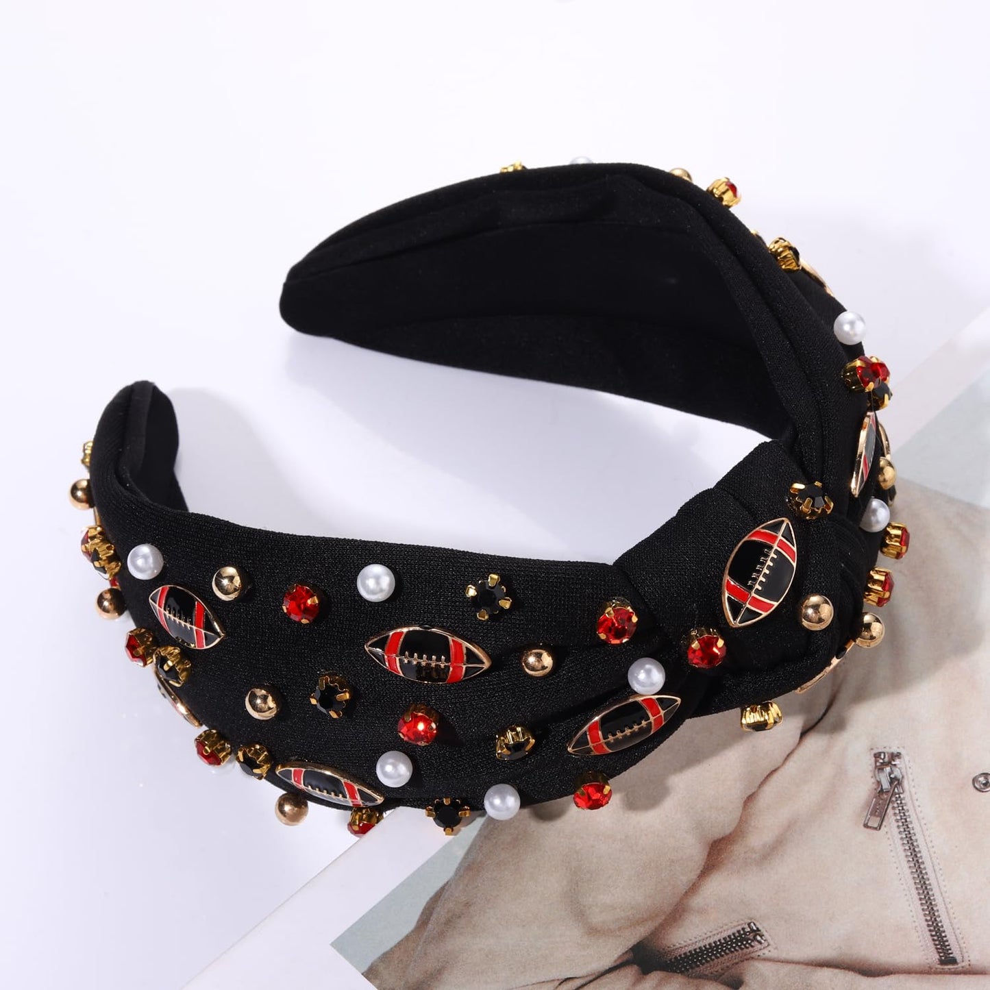 NVENF Football Headband for Women Football Mom Accessories Game Day Football Knotted Headband Jeweled Rhinestone Crystal Wide Top Knot Headband Black Red Game Day Hair Accessory (Red 3)