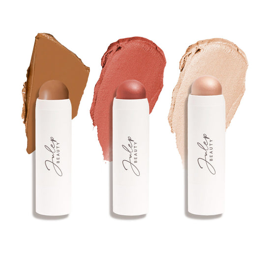 Julep Skip The Brush 2-in-1 Blush and Lip Makeup Stick Contour, Blush, & Highlighter Trio- Sheer Glow (Highlighter), Desert Rose (Blush), Melted Cocoa (Medium Skin Tones) - 3pc Set