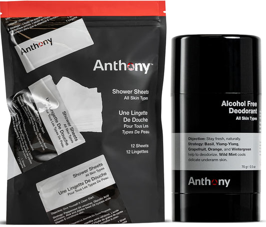 Anthony Shower Sheets, 12 Single Pack Sheets, and Anthony Alcohol Free Deodorant 2.5 Fl Oz