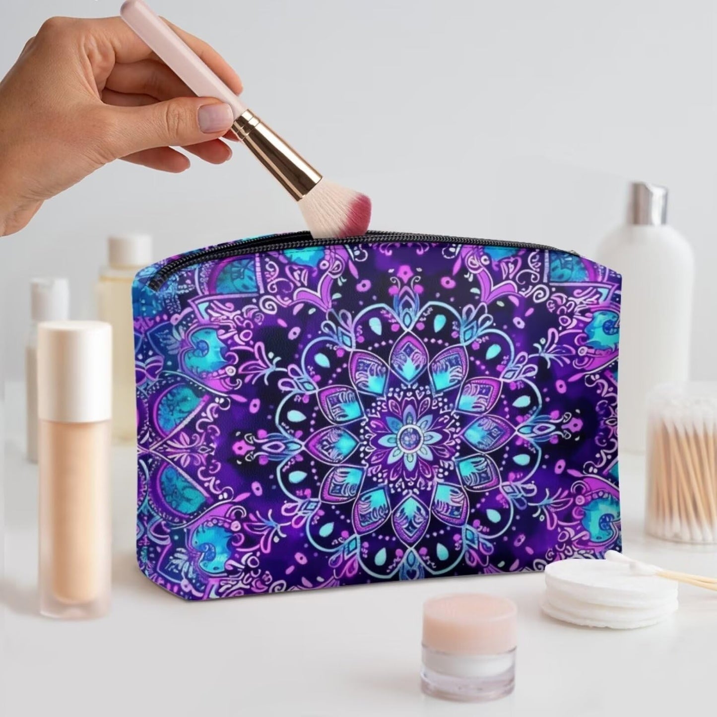 ELEDIZI Boho Flower Makeup Bag for Purse Travel Toiletry Bag Women Top Zipper Waterproof Travel Cosmetic Bags for Women Travel Makeup Skincare Organizer Bag Birthday Gifts for Women Purple Sister