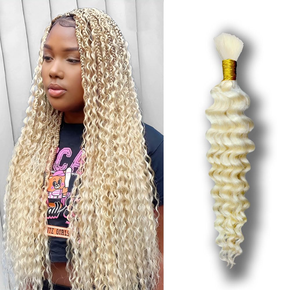 Eileen 16 Inch 50g 1 Bundles Deep Wave Bulk Human Hair for Braiding Curly Human Hair for Boho Braids Water Wet and Wavy Curls Micro Braiding Hair Extensions Brazilian Virgin 613 Blonde