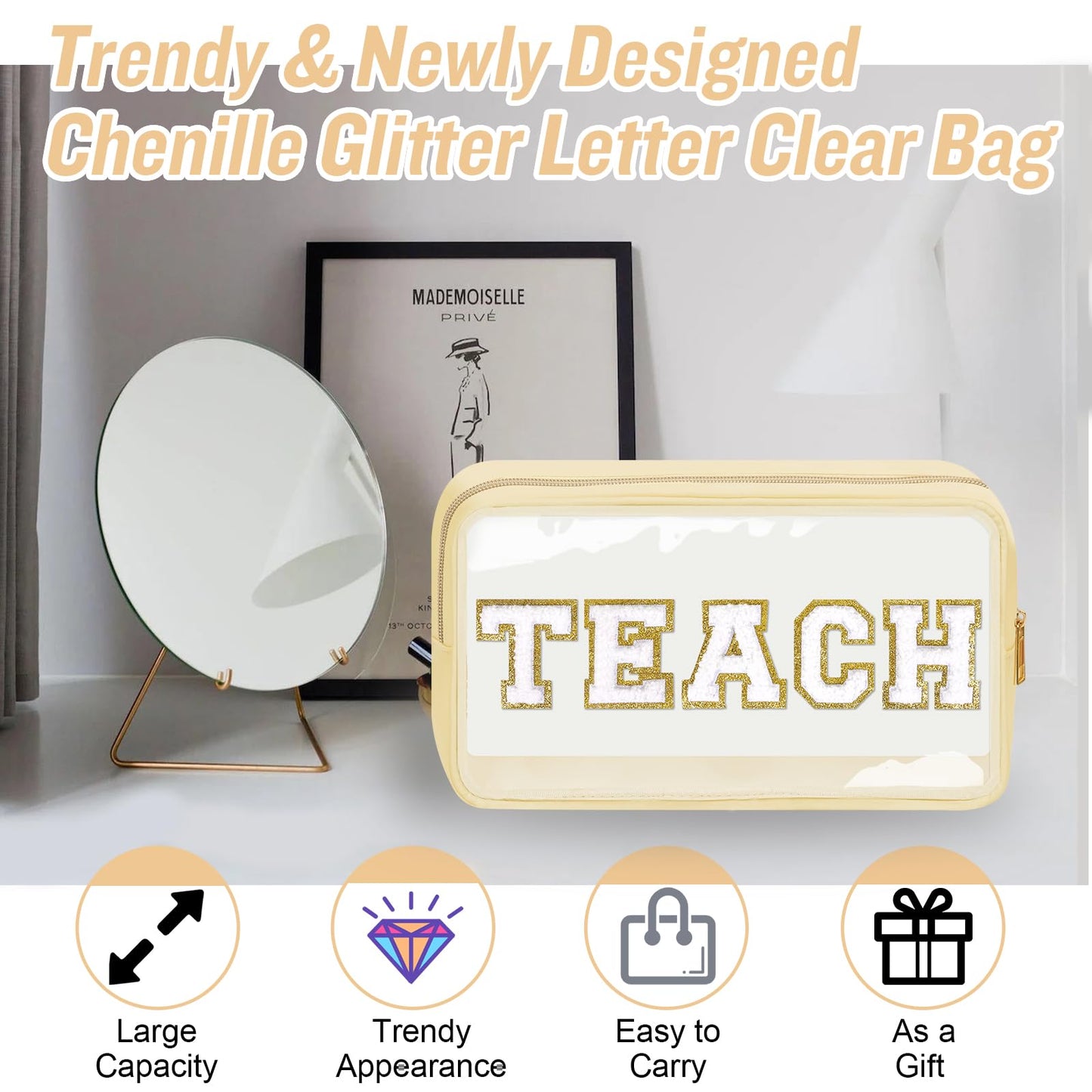 Teacher Appreciation Gifts Chenille Letter Clear Makeup Bag TEACH Pouch, Preppy Patch Makeup Bag with Zipper Graduation Retirement Birthday Cosmetic Bag Teacher Gifts Supplies for Women(TEACH-Beige)