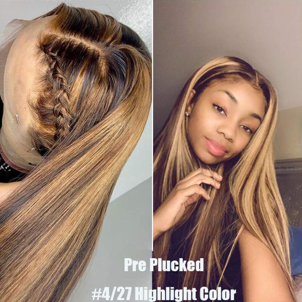 JYZ13X4 Highlight Straight Lace Front Human Hair Wigs for Black Women Brazilian Virgin Human Hair 150% Density 2 Tones Color #4/27 Ombre Lace Front Wig Human Hair Pre Plucked with Baby Hair (18 Inch)