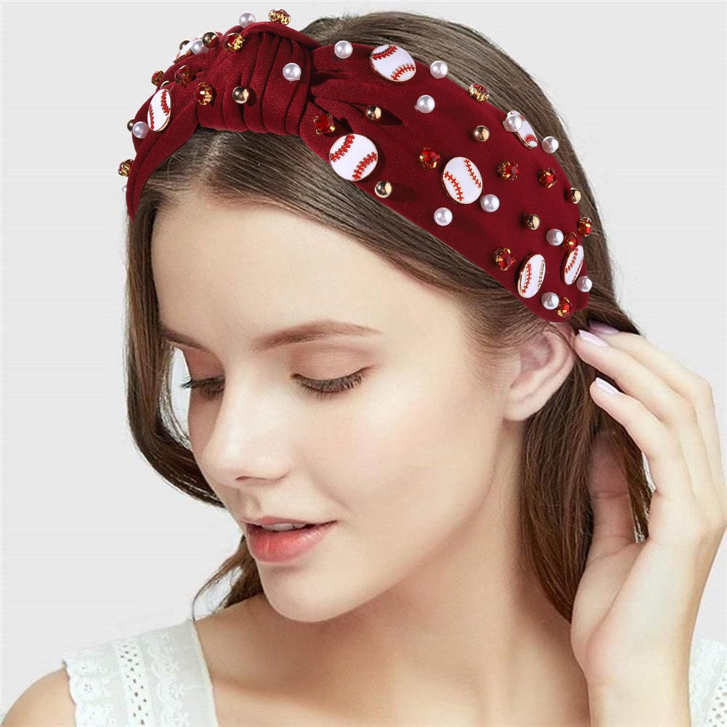 Baseball Headband for Women Baseball Accessories Beaded Crystal Pearl Knotted Headbands Baseball Charm Embellished Headband Wide Top Knot Sports Game Day Headband Gifts (A-Wine Red)