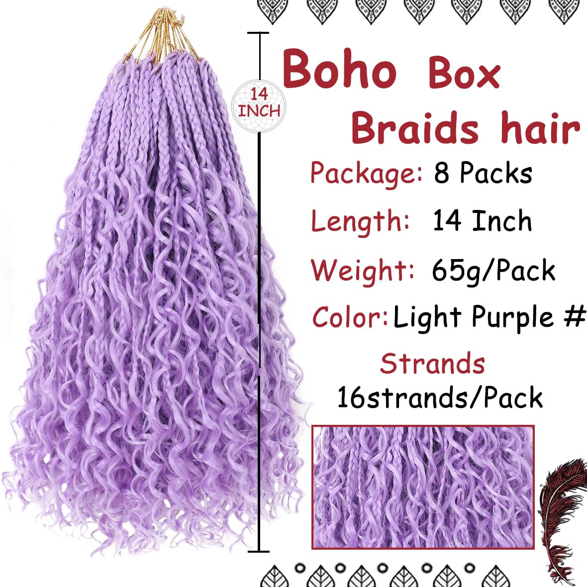 Beverlee 14 Inch Boho Box Braids 8 Packs Goddess Box Braids Crochet Hair Bohemian Hippie Braids Braiding Hair Box Braids with Curly Ends Messy Pre-looped Synthetic Crochet Hair for Women Light Purple#