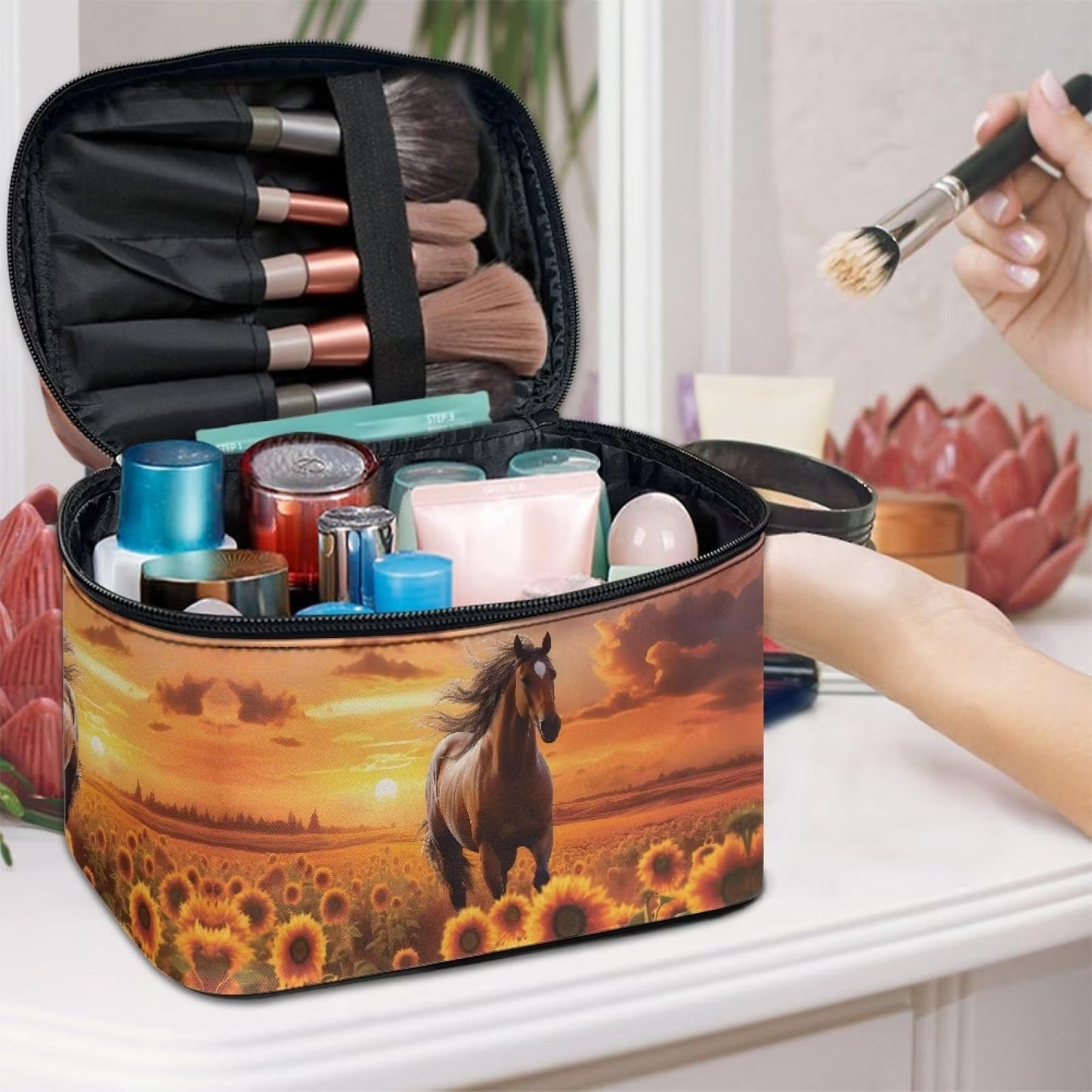 doginthehole Horse Sunset Cosmetic Bag Make Up Travel Bag for Women Sunflower Toiletry Bag Zipper Traveling Organizer Bag Large Portable Cosmetic Brush Bag with Handle