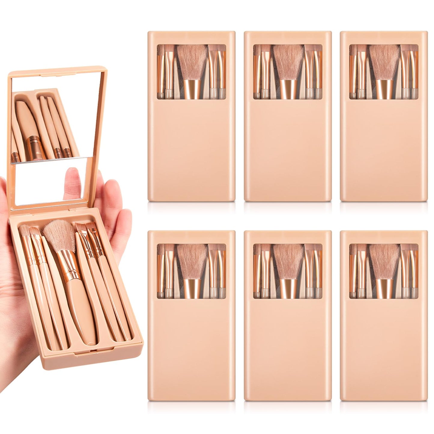 FoldTier 6 Sets Bridesmaid Gifts Mini Travel Makeup Brushes Bulk Proposal Gifts Girls Trip Cosmetics Portable for Travel Wedding Bridal Shower Bachelorette Party(Apricot Color)