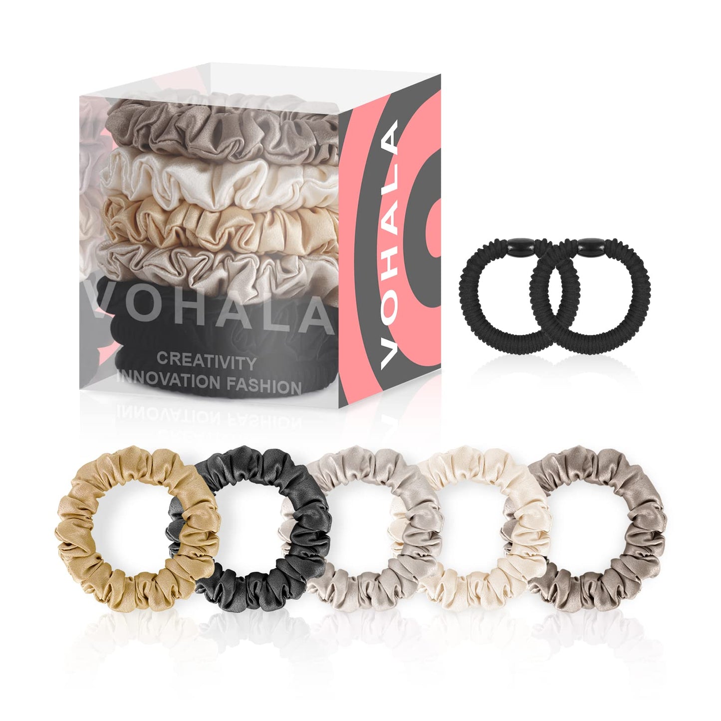 VOHALA 30 Momme Mulberry Small Silk Scrunchies, 5PCS Skinny Silk Scrunchies for Hair & 2PCS Strong Hair Ties Ponytail Holder, Total 7PCS No Damage Luxury Hair Ties for Women (Black+Camel+Gray+Champagne+Beige)