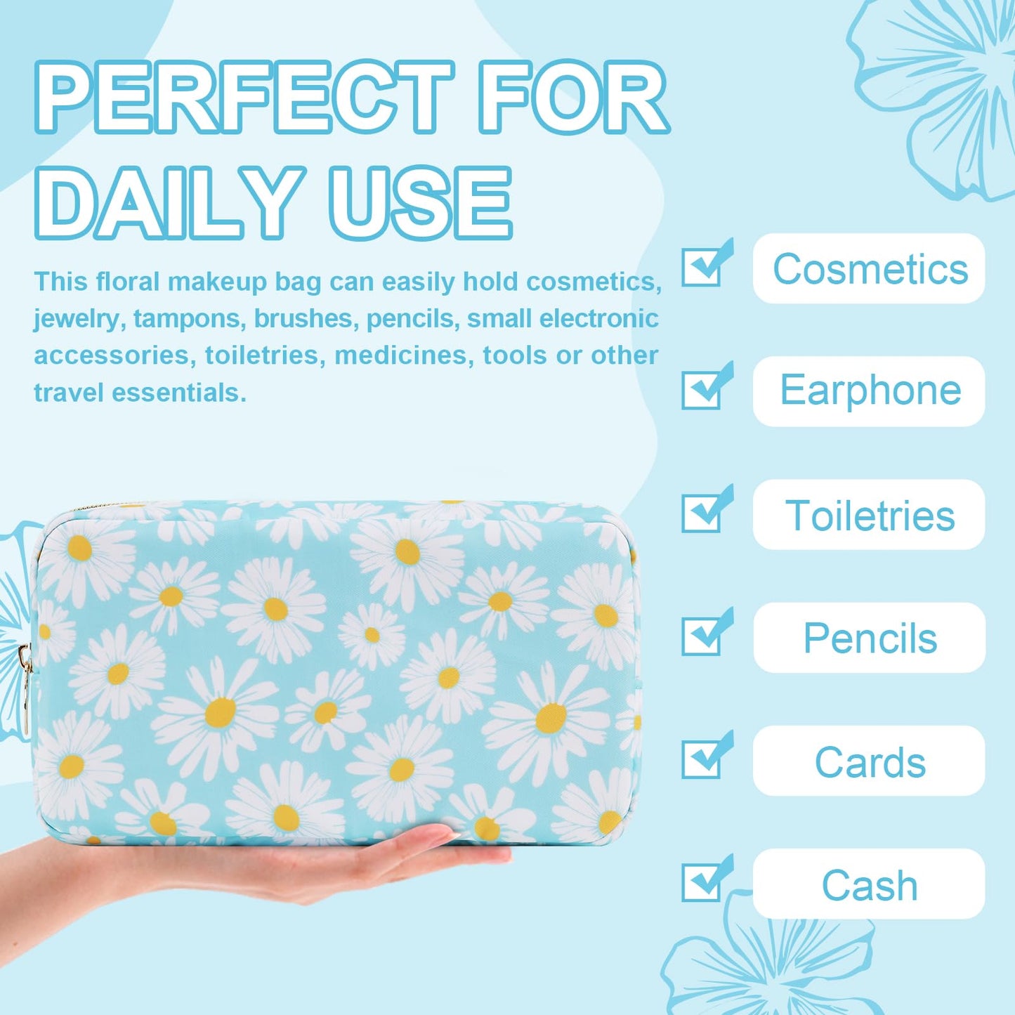 Waterproof Small Floral Makeup Bag Pouch for Purse,Nylon Flower Cosmetic Bag Preppy Travel Toiletry Storage Bag for Women Girl,Cute Makeup Organizer Bag Skincare Bag with Zipper(Small Blue-Daisy)