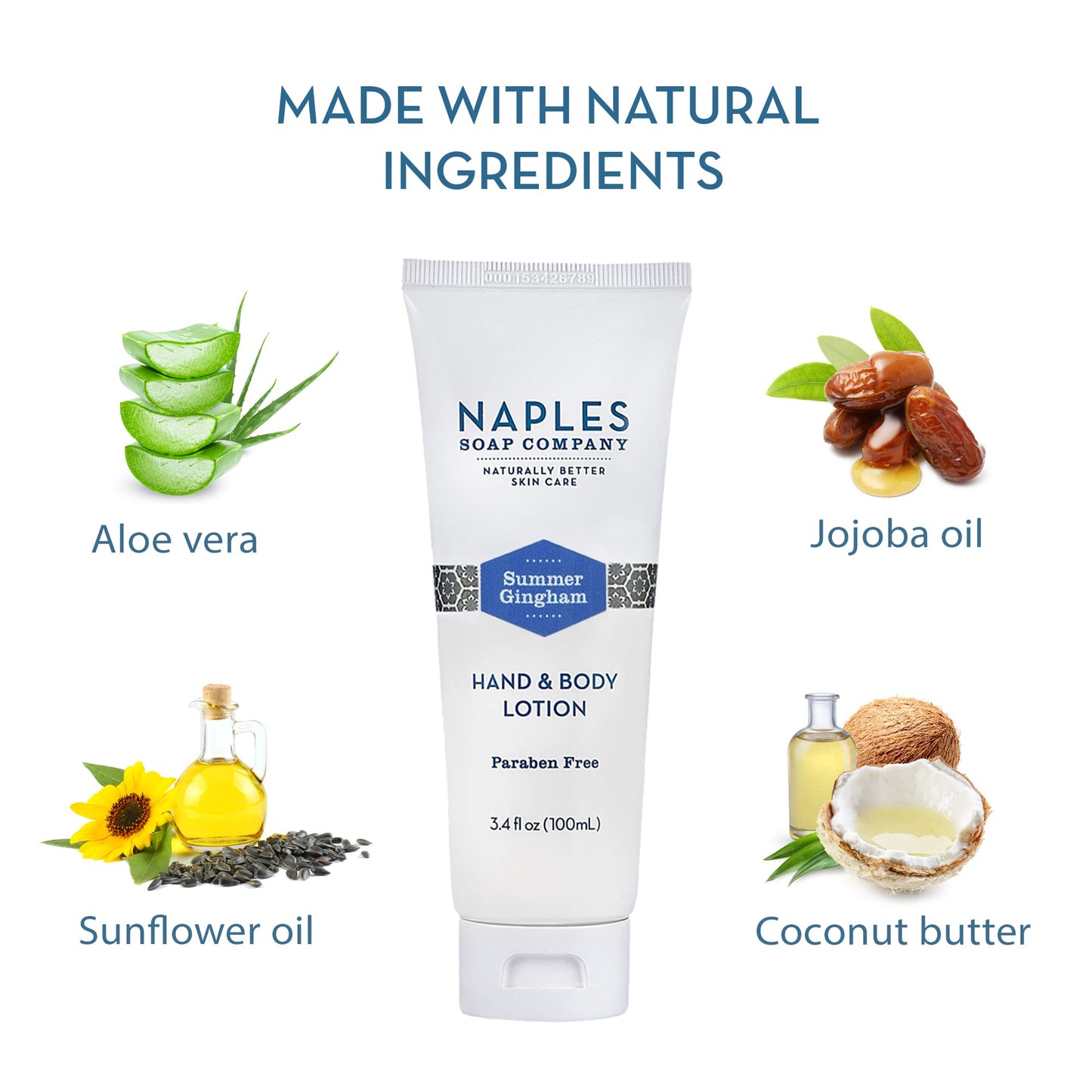 Naples Soap Company Lightweight and Nourishing Vegan Hand & Body Lotion - Silicone-Free Hydrating Skin Care, Made with Natural Moisturizing Ingredients for Soft, Supple Skin - Summer Gingham, 3.4 oz