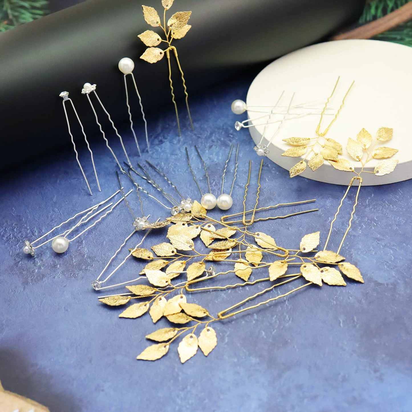 24 Pieces Bride Wedding Vintage Leaf Hair Pins Clips Dreadlocks Accessories Pearl Crystal Rhinestone Flower Braid Headpiece for Bride, Bridesmaids, Flower Girls(Gold and Silver)