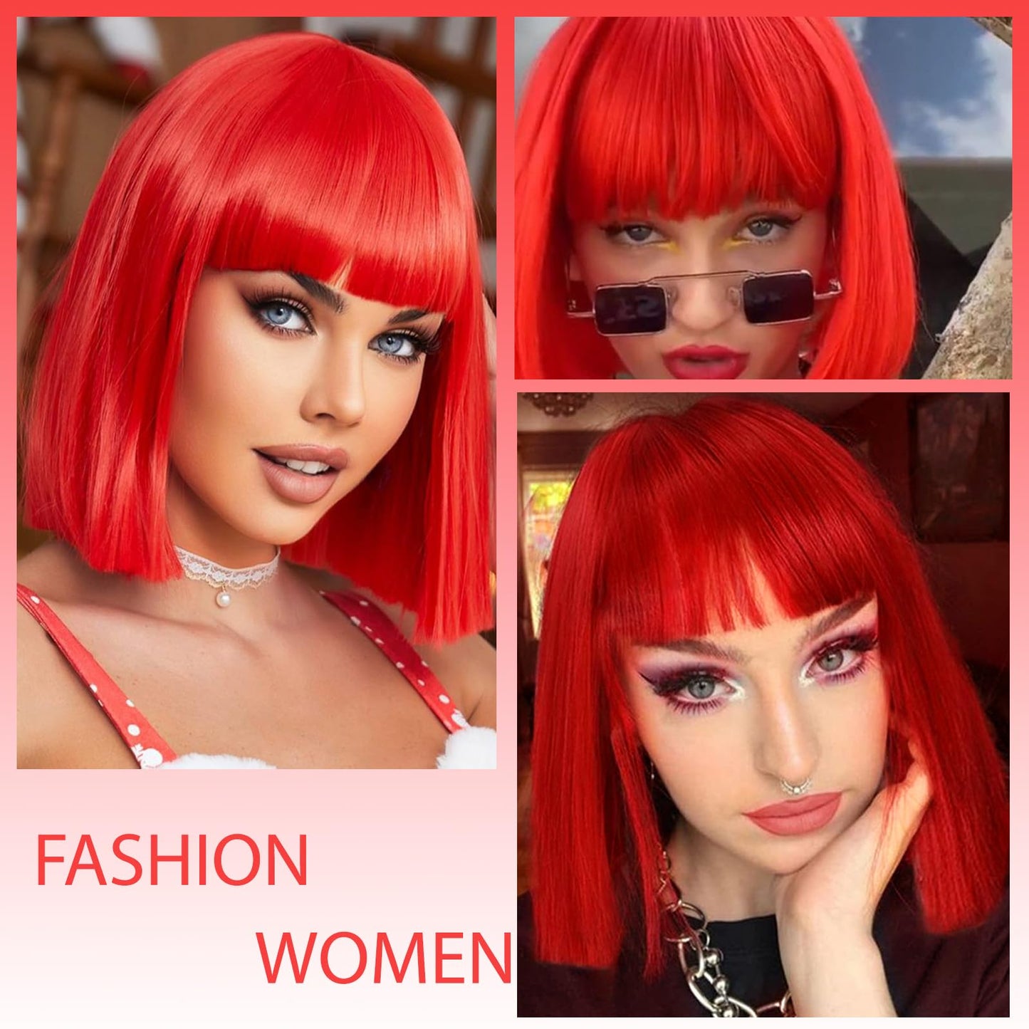 MERISIHAIR Short Red Bob Wig with Bangs Synthetic Straight Red Wigs for Women 11inch Cosplay Party Wig for Daily Use