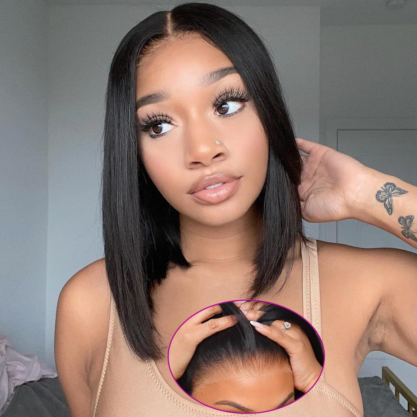 5x5 HD Lace Closure Wigs Human Hair Pre Plucked Pre Cut Wear and Go Glueless Wig for Beginners 16 Inch Bob Wig Human Hair 180% Density Short Bob Lace Closure Wigs for Women Straight Natural Black