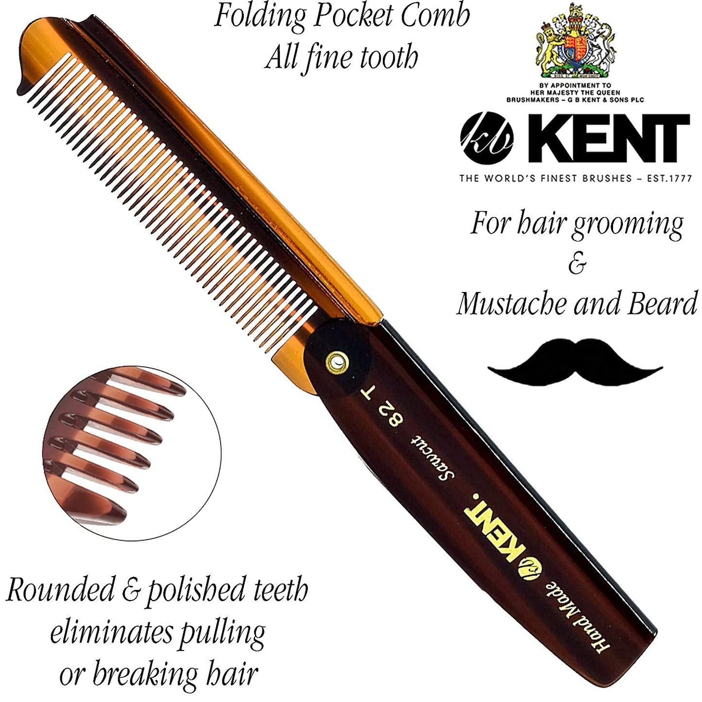 Kent 82T Handmade Folding Pocket Comb for Men, Fine Tooth Hair Comb Straightener for Everyday Grooming Styling Hair, Beard or Mustache, Use Dry or with Balms, Saw Cut Hand Polished, Made in England