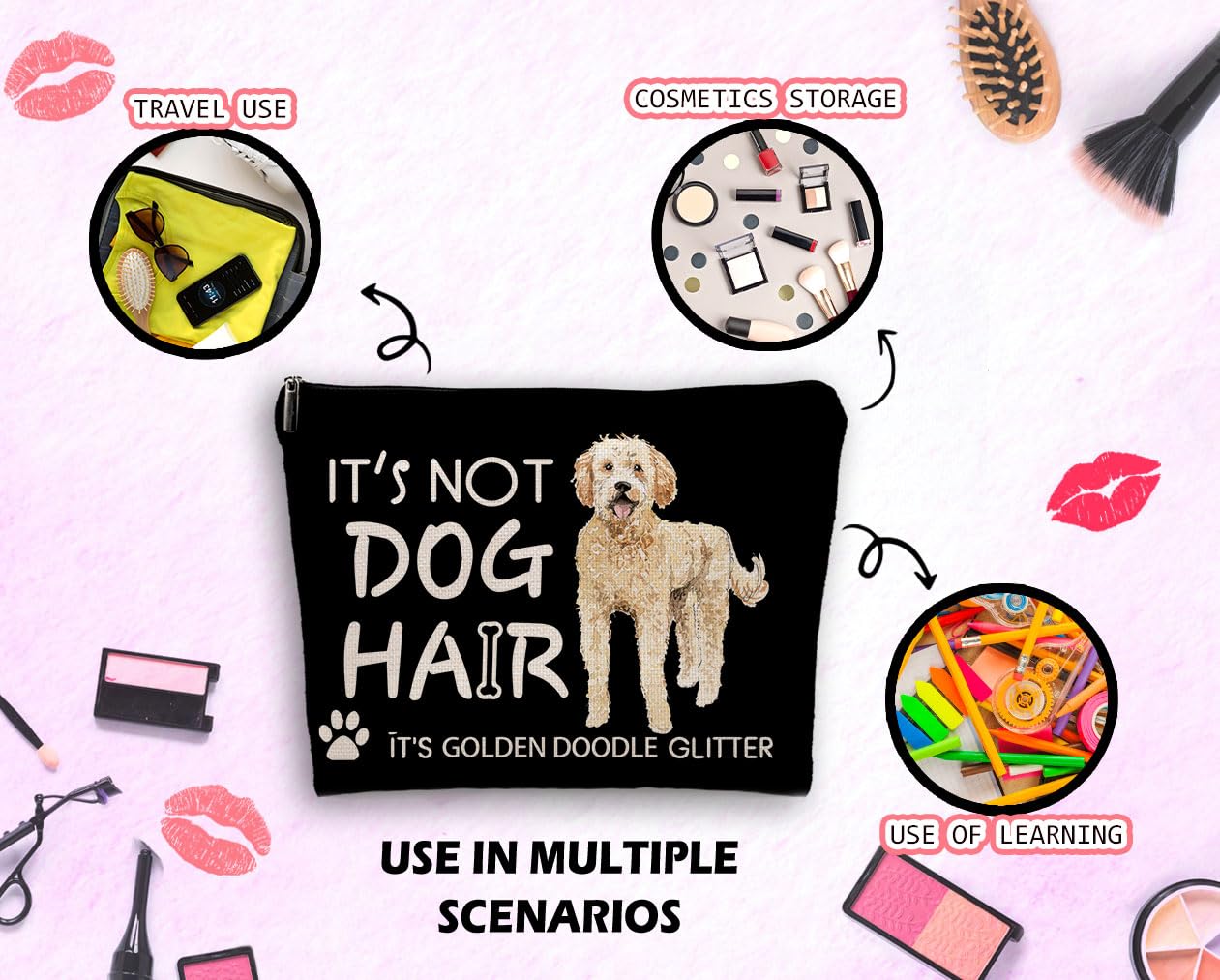 Dwept It's Not Dog Hair It's Golden Doodle Glitter Cosmetic Bag, Funny Dog Makeup Bag Zipper Cosmetic Pouch Bag Travel Linen Makeup Organizer, Dog Themed Gifts for Dog Lovers Women Girls