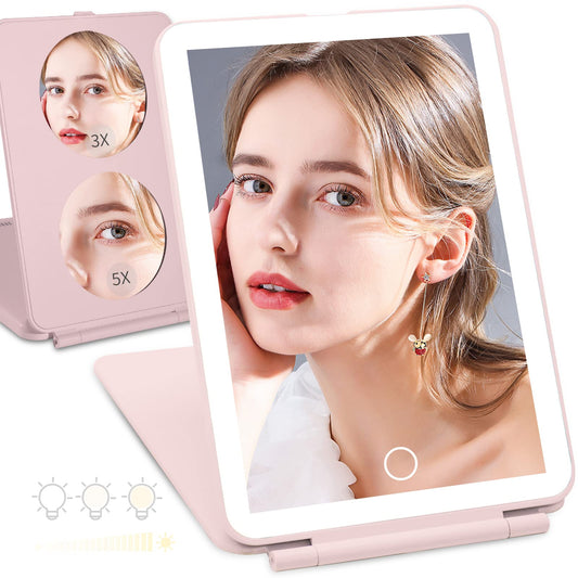 TOUCHFEEL Makeup Mirror with Magnification, Rechargeable 1X/3X/5X Magnify Travel Compact Makeup Mirror, Portable Travel Size Mirror with 3 Color Lights and Brightness Adjustment (Pink)