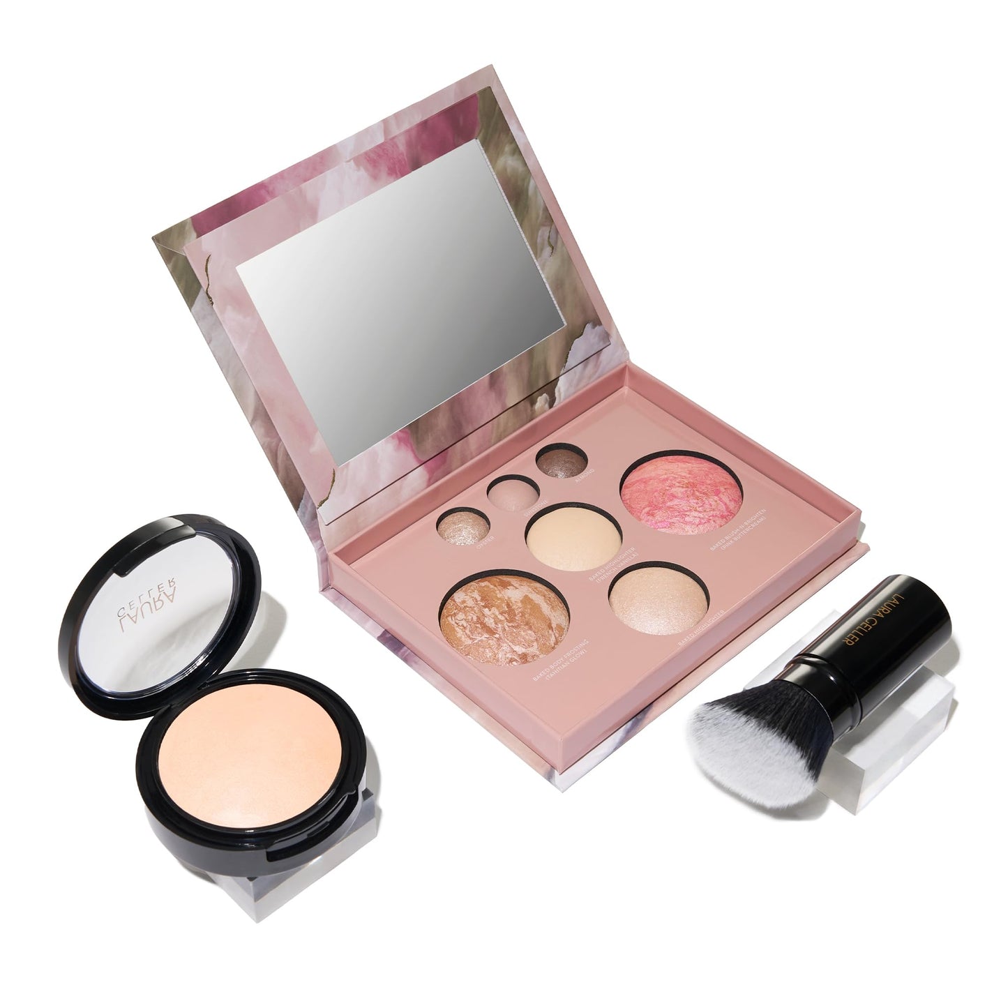 LAURA GELLER NEW YORK Matte Baked Starter Kit: Double Take Powder Foundation, Porcelain + Best of the Best Face Palette + Retractable Angled Kabuki Brush