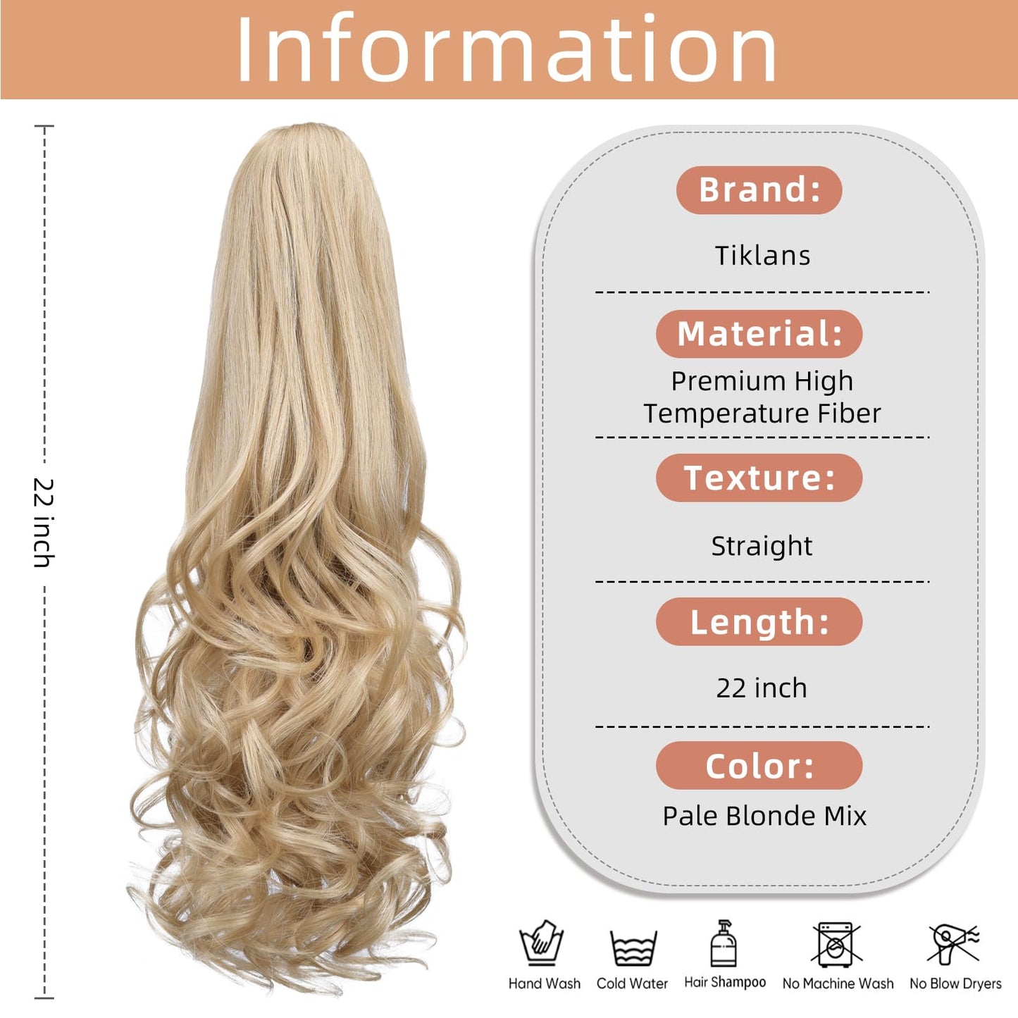 Tiklans Blonde Ponytail Extension,22" Clip in Ponytail for Women Long Ponytail Hair Extension Synthetic Heat Friendly Fiber for Girls