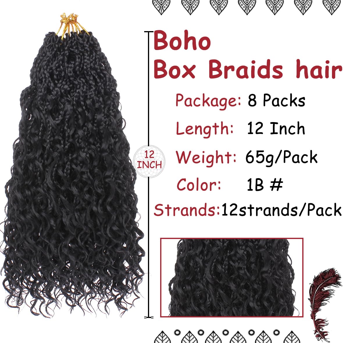 Beverlee Goddess Box Braids Crochet Hair 12 Inch Boho Box Braids 8 Packs Bohemian Box Braids Crochet Hair Crochet Box Braids with Curly Ends Pre-looped Crochet Hair for Black Women