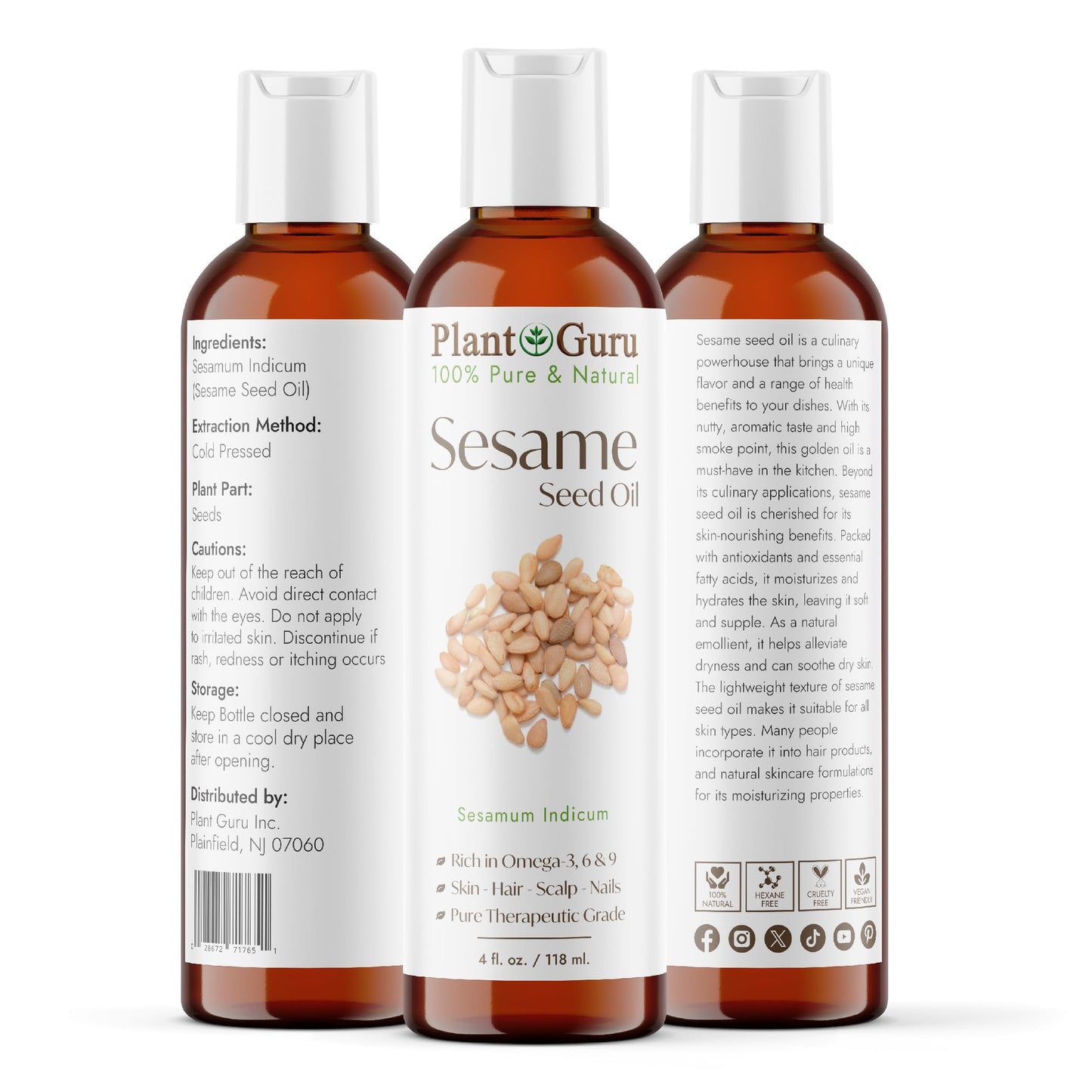 Sesame Seed Oil 4 oz Cold Pressed Carrier 100% Pure Natural for Skin, Body, Face, and Hair Growth Moisturizer. Great for Creams, Lotions, Lip Balm and Soap Making