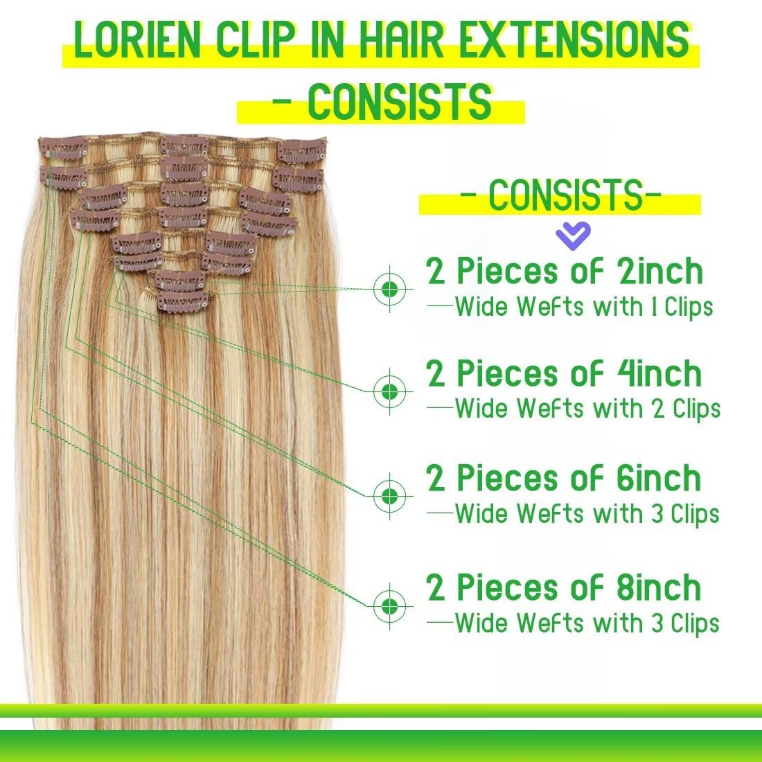 LORIEN Clip in Hair Extensions Real Human Hair 80g Clip in 100% Human Hair Extensions 8pcs Per Set with 18Clips Double Weft (20 Inch, #18p613 Color)