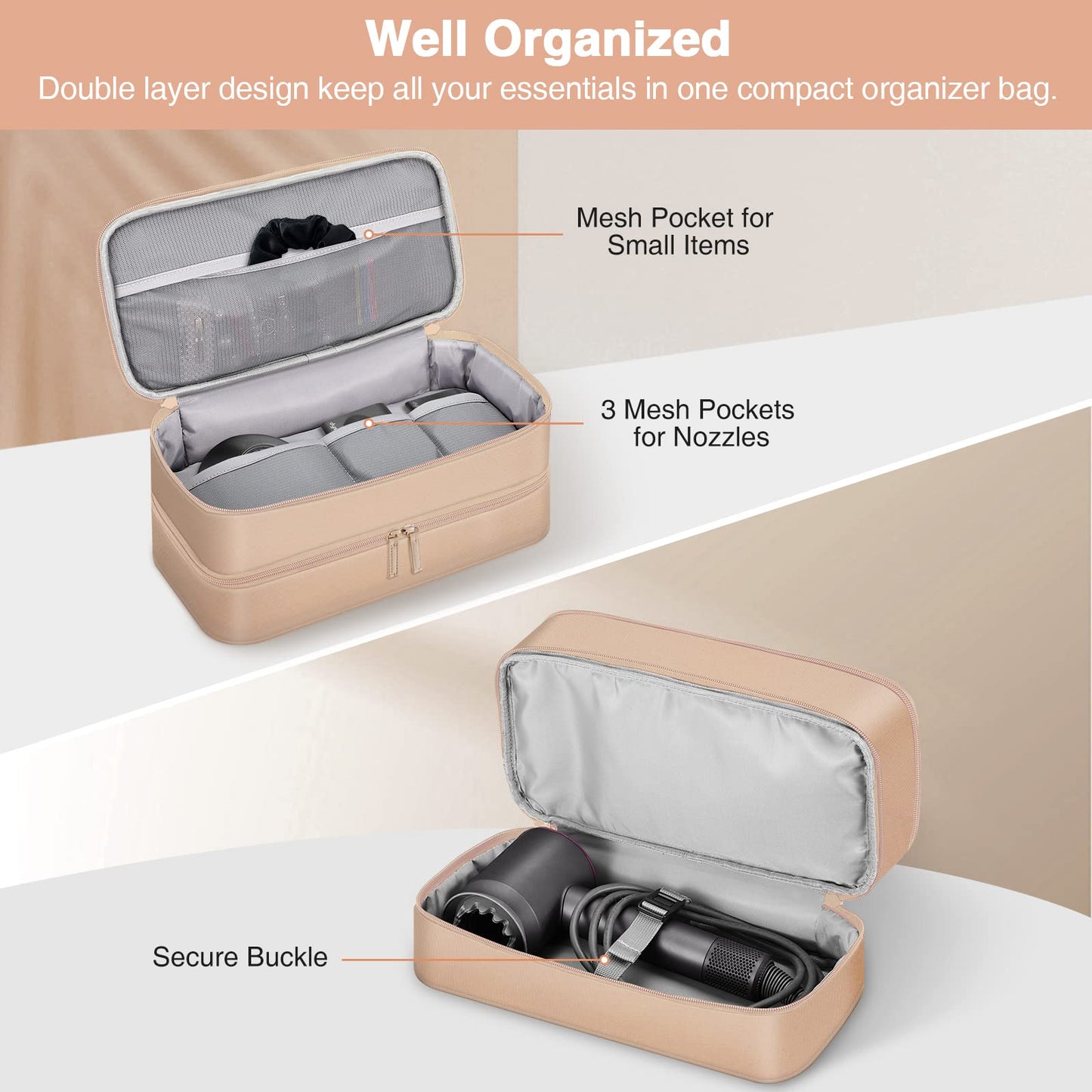 SITHON Travel Case for Shark FlexStyle/SpeedStyle Styler/HyperAir Dryer, Double-Layer Water Resistant Storage Carrying Organizer Bag Compatible with Dyson Supersonic (Bag Only), Rose Gold