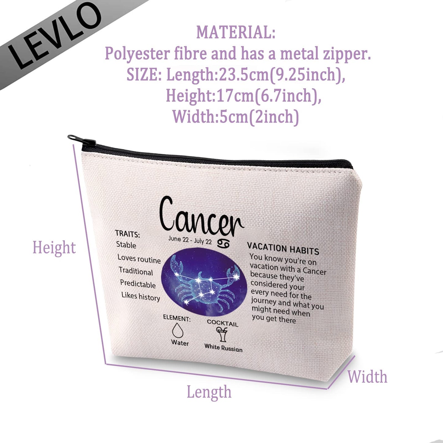 LEVLO 12 Constellation Travel Toiletry Bags 12 Zodiac Cosmetic Makeup Bag Christmas Mother's Day Birthday Gifts(Cancer)