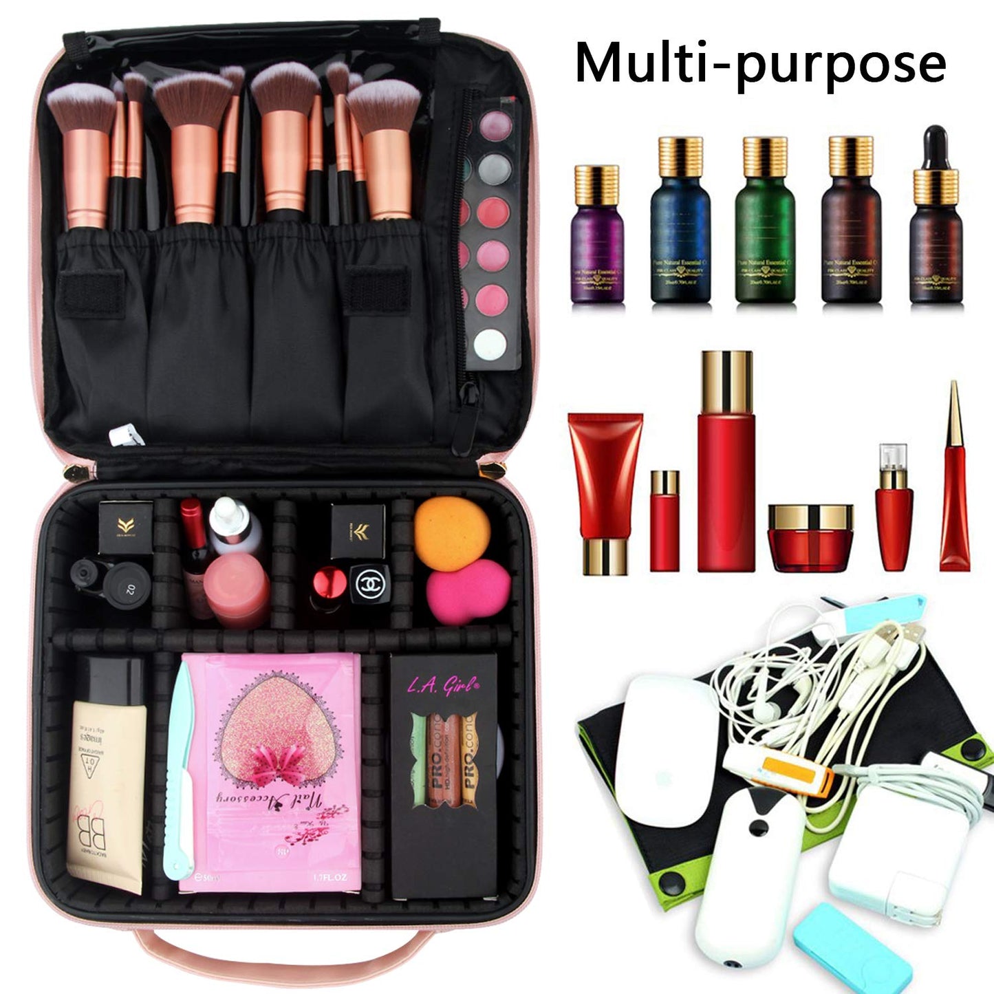 Relavel Travel Makeup Train Case Makeup Cosmetic Case Organizer Portable Artist Storage Bag with Adjustable Dividers for Cosmetics Makeup Brushes Toiletry Jewelry Digital Accessories (Pink)