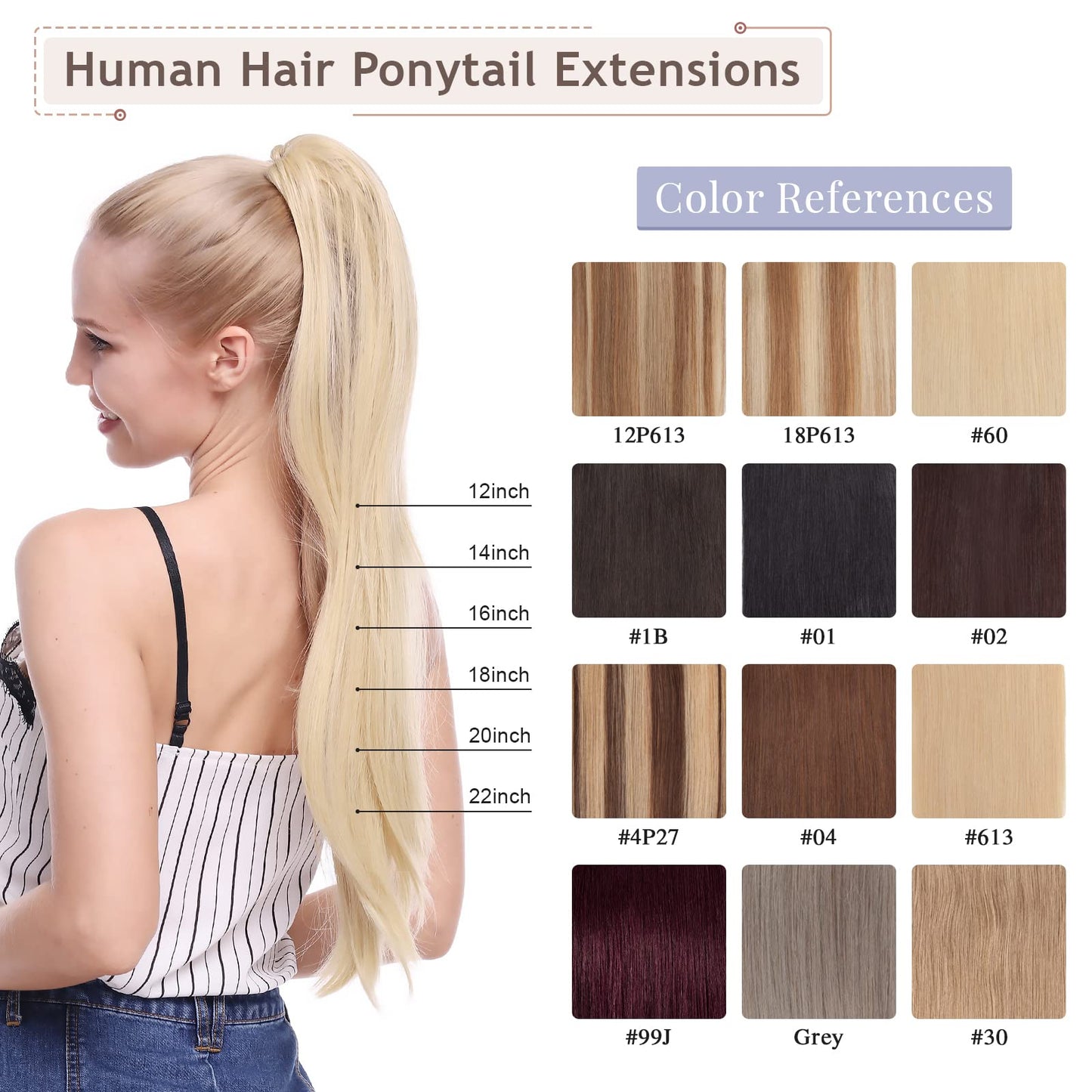 Hairro Ponytail Extensions 100% Human Hair 16 Inch Highlight Wrap up Ponytail Hairpieces for Women Golden Brown Mix Bleach Blonde Long Straight Magic Paste Pony Tail with Comb Balayage #12/613