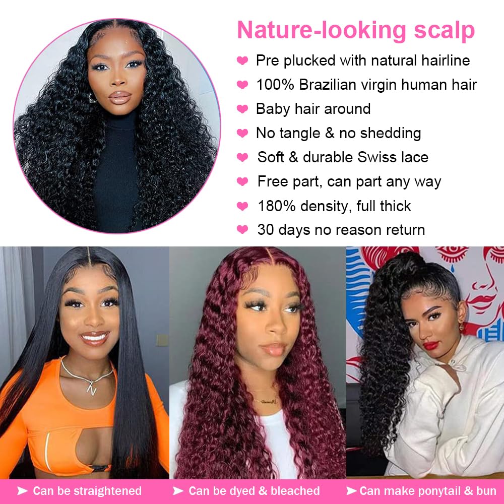 soeyrkke 13x4 HD Lace Front Wigs Human Hair Deep Wave Lace Frontal Wig Pre Plucked Bleached Knots With Baby Hair 180 Density Brazilian Wet and Wavy Curly Human Hair Wigs for Women 18inch