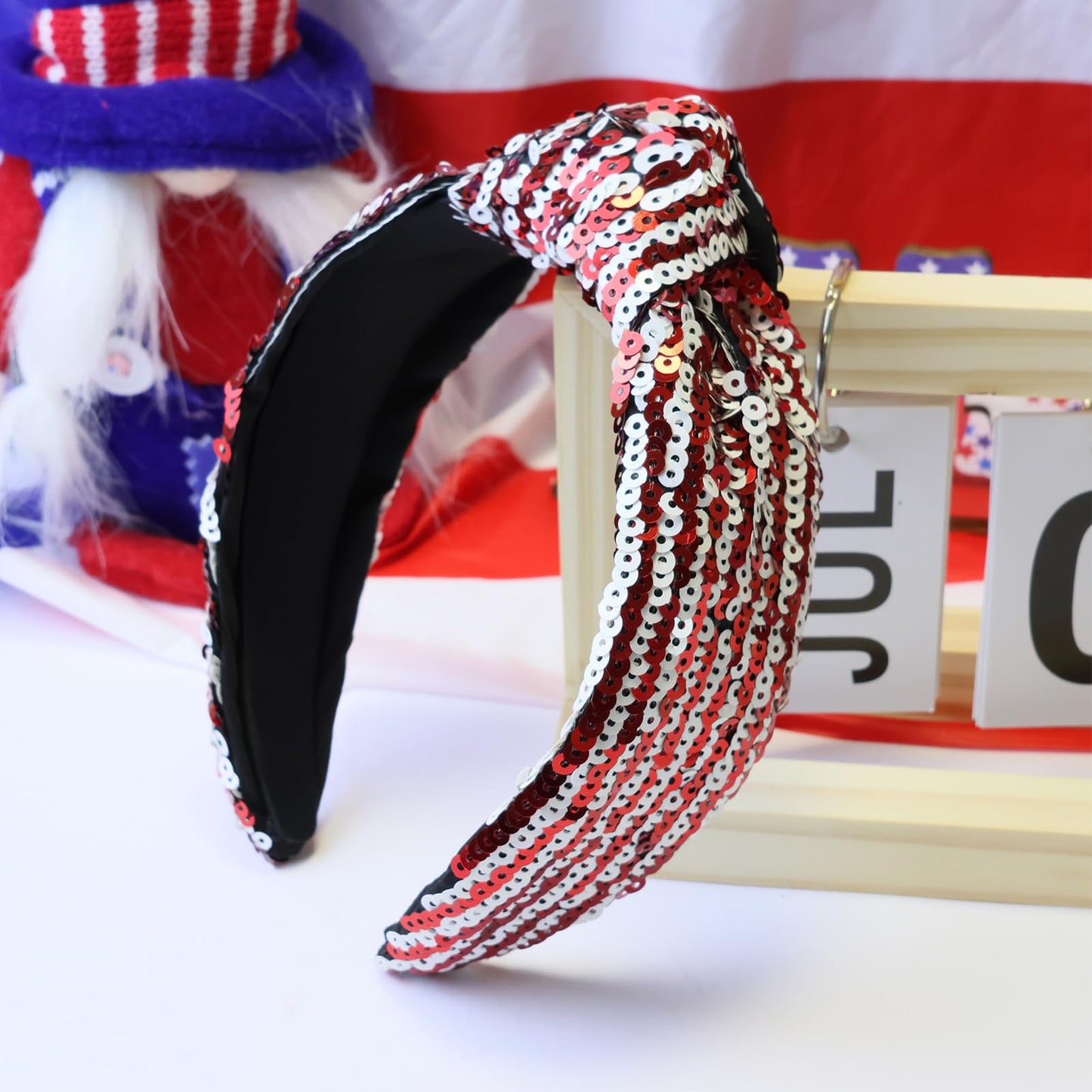 VHWMHEAD 4th of July Headbands - 4th of July Sequin Knotted Headbands for Women Girls Red White Hairband Sparkly Wide Hair Bands Glitter Headband Patriotic Hair Accessories